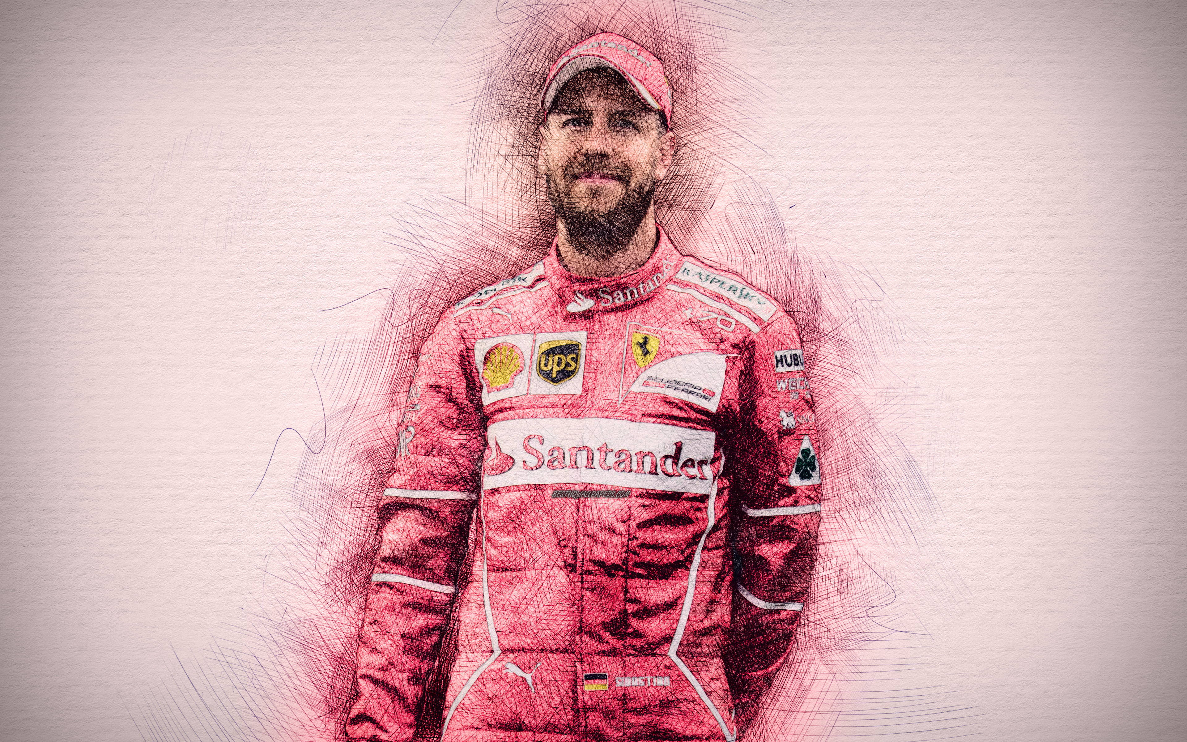 Sebastian Vettel, red Ferrari racing suit, sponsor logos, 4K Desktop Wallpaper