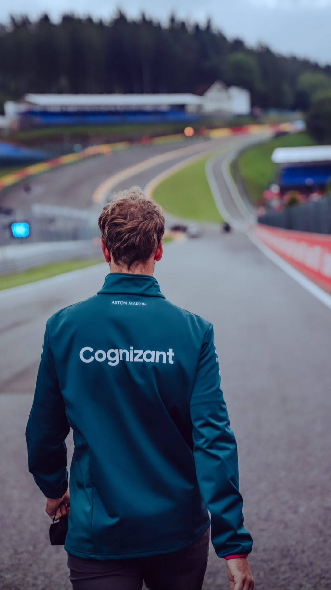 Sebastian Vettel, teal Cognizant jacket, wet racetrack, Full HD Phone Wallpaper
