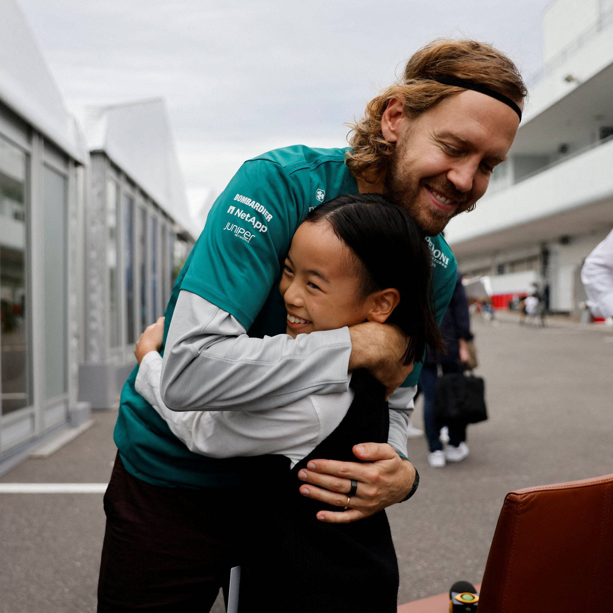 Sebastian Vettel, teal racing team shirt, young girl, Full HD Desktop Wallpaper