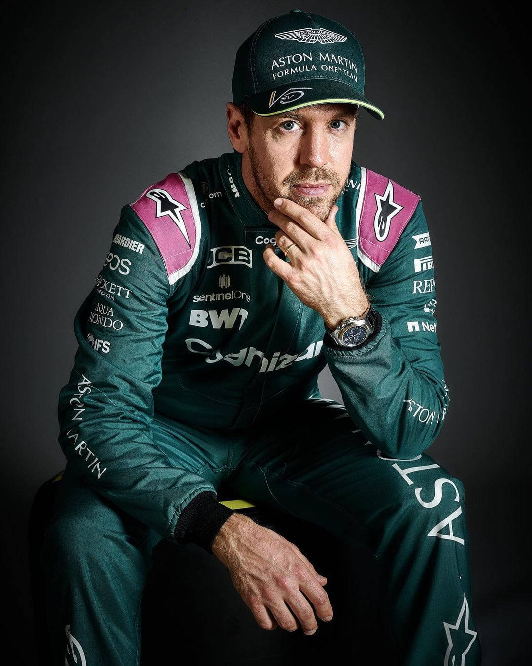 Sebastian Vettel, green Aston Martin racing suit, dark studio backdrop, HD Phone Wallpaper