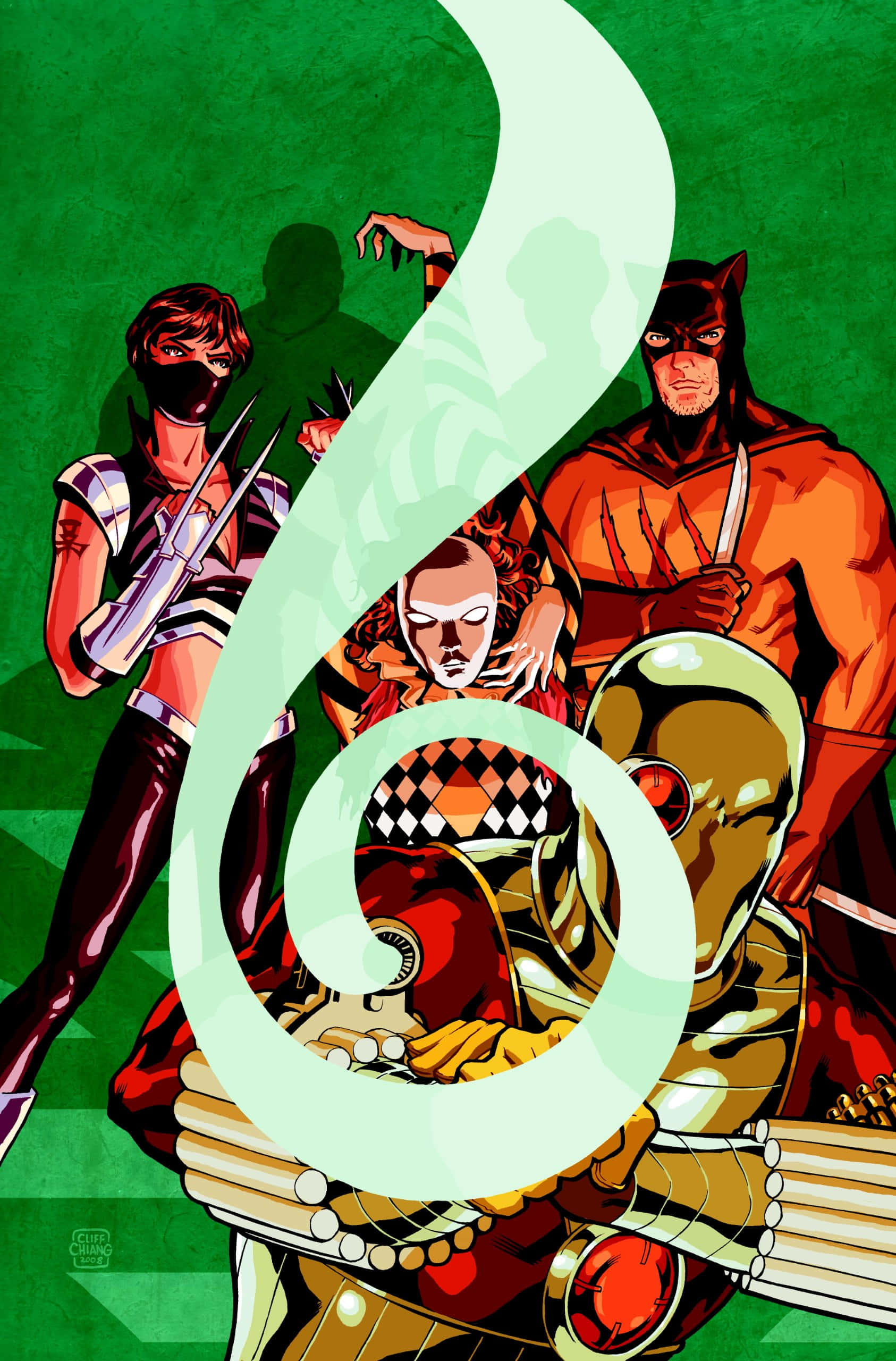 Secret Six, light green spiral, textured green background, 2K Phone Wallpaper