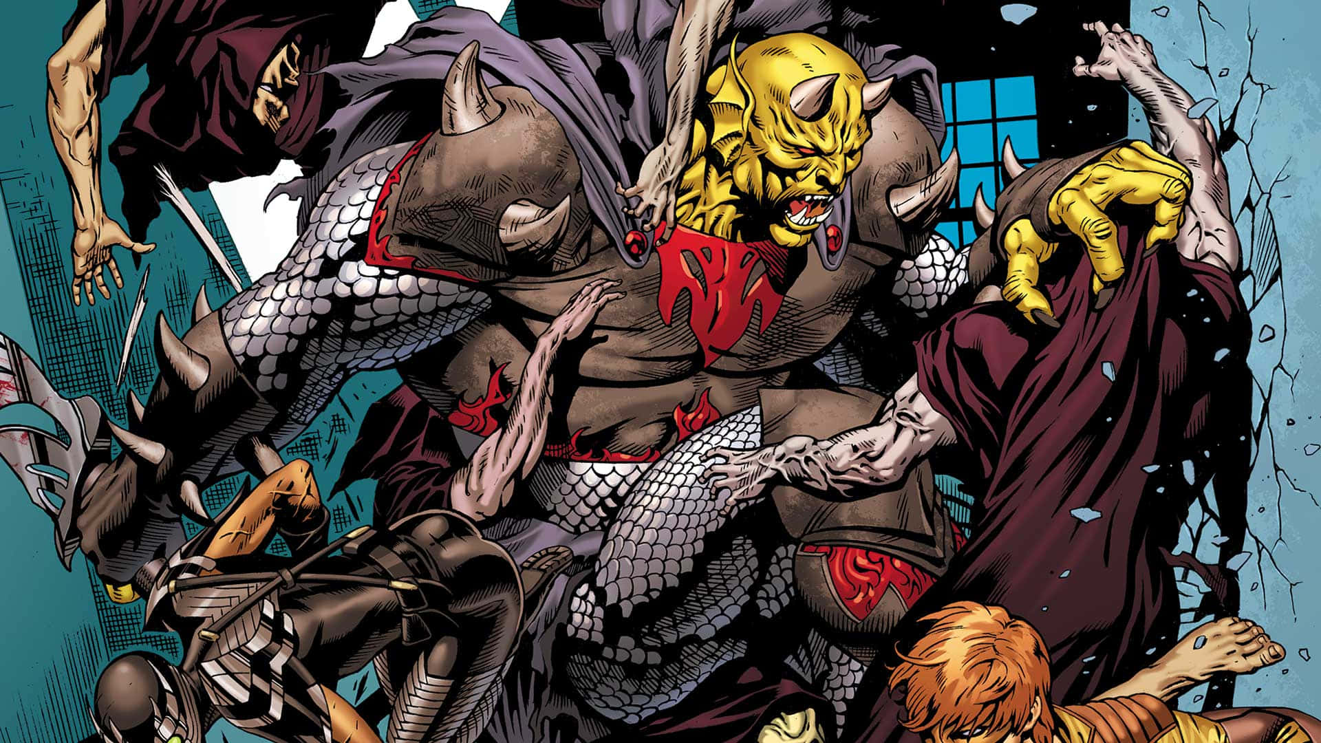 Secret Six, comic book brawl, yellow-skinned horned demon, Full HD Desktop Wallpaper