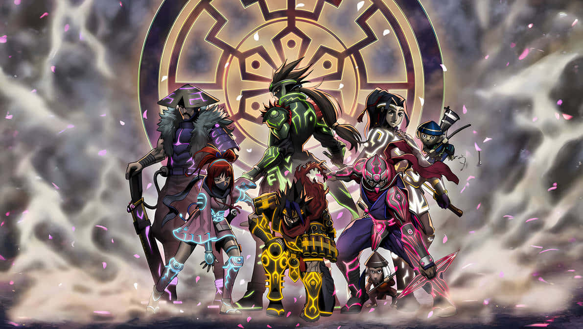 Secret Six, anime-style warriors, glowing armor, SD Desktop Wallpaper