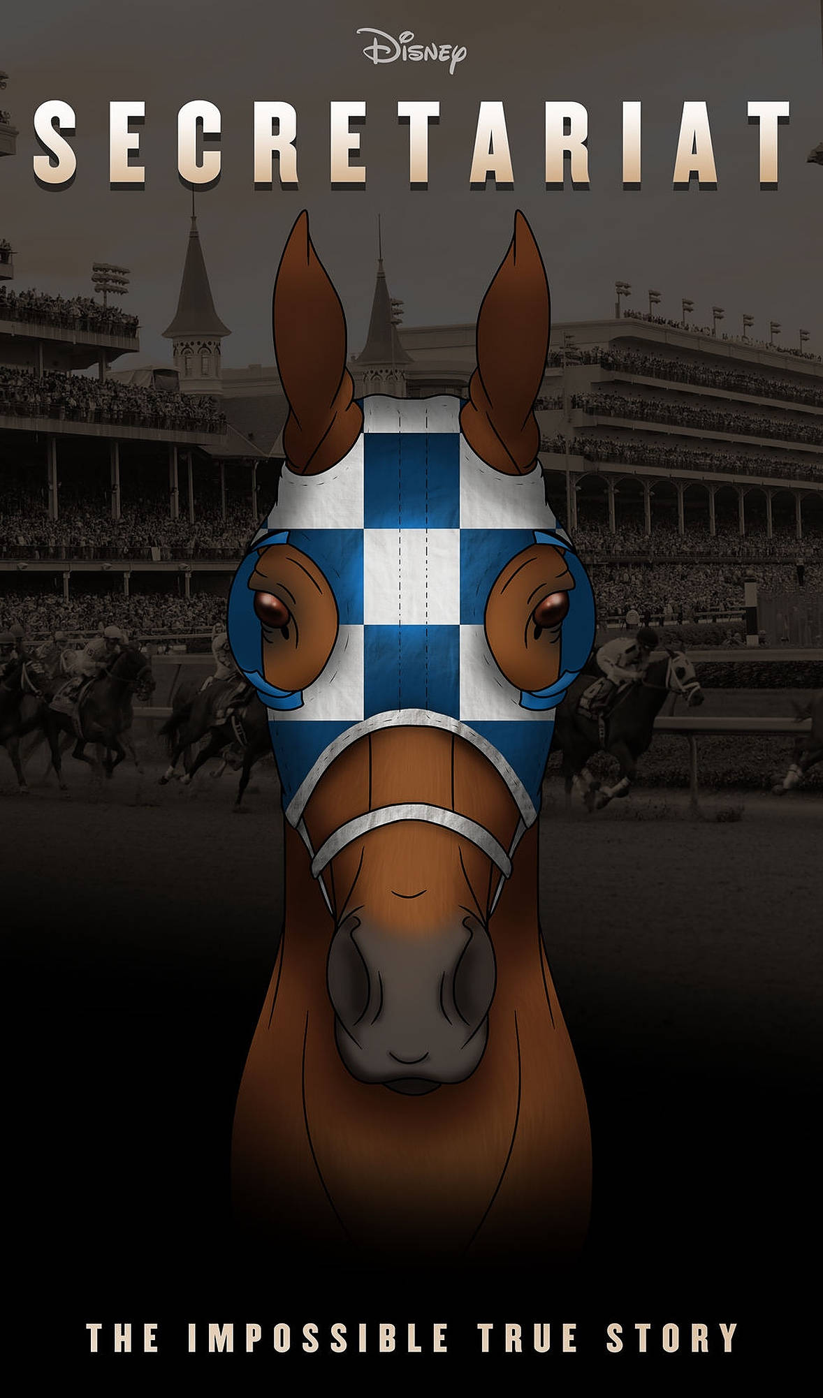 Secretariat, blue and white checkered mask, racetrack, Full HD Phone Wallpaper
