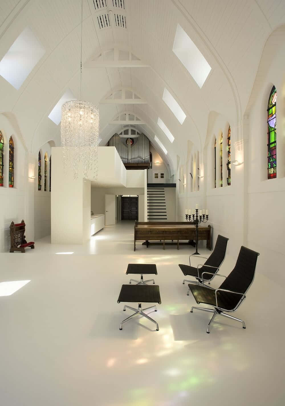 minimalist white church interior, modern black chairs, stained glass windows, HD Phone Wallpaper
