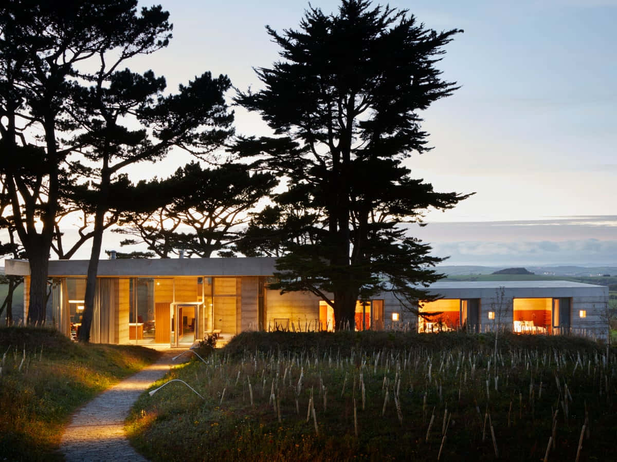 Secular Retreat View, modern house, tall trees, SD Desktop Wallpaper