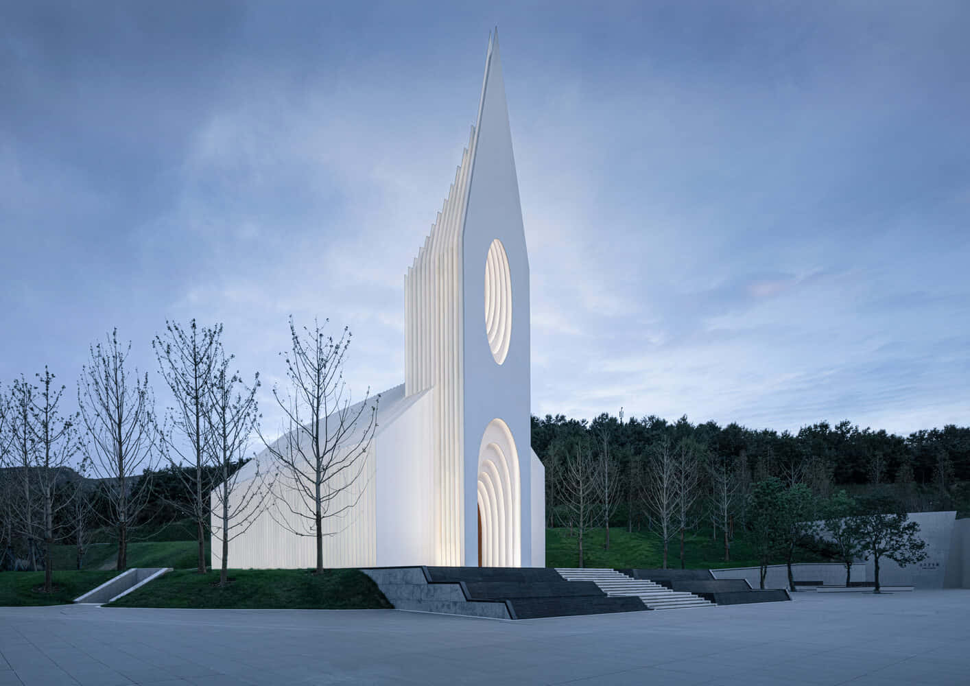 Secular Churches Architecture, modern white chapel, tall spire, HD Desktop Wallpaper
