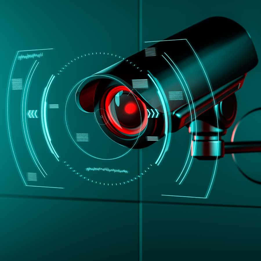 bullet security camera, digital interface, glowing red lens, SD Desktop Wallpaper