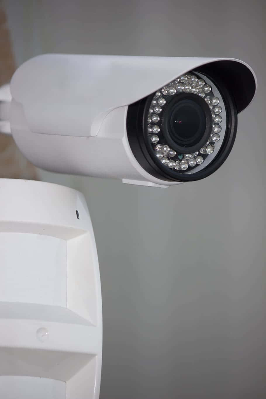 motion sensor bullet security camera, white security camera, ring of LED lights, HD Phone Wallpaper