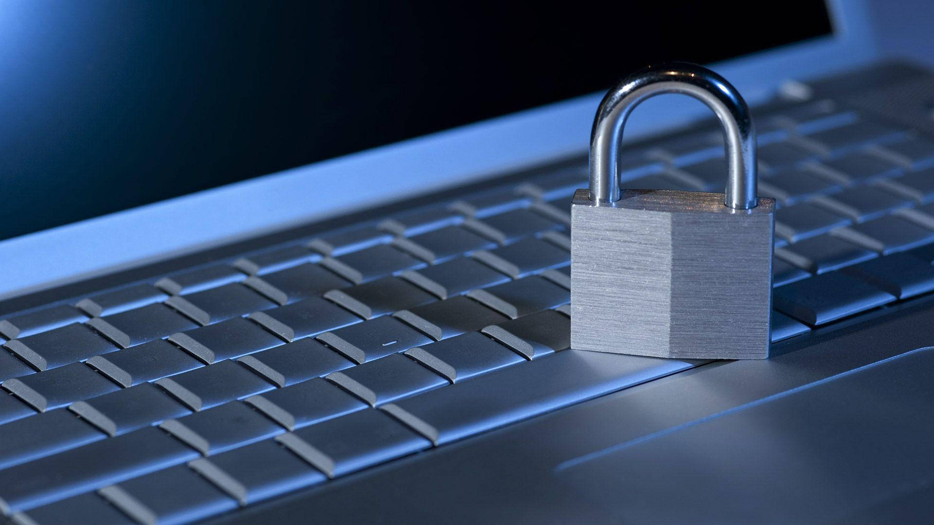 laptop, metallic padlock, cool blue lighting, Full HD Desktop Wallpaper