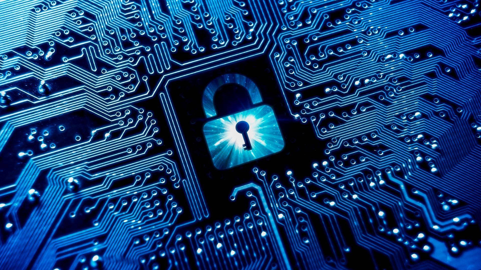 cyber security padlock chip, glowing blue padlock, circuit board, Full HD Desktop Wallpaper