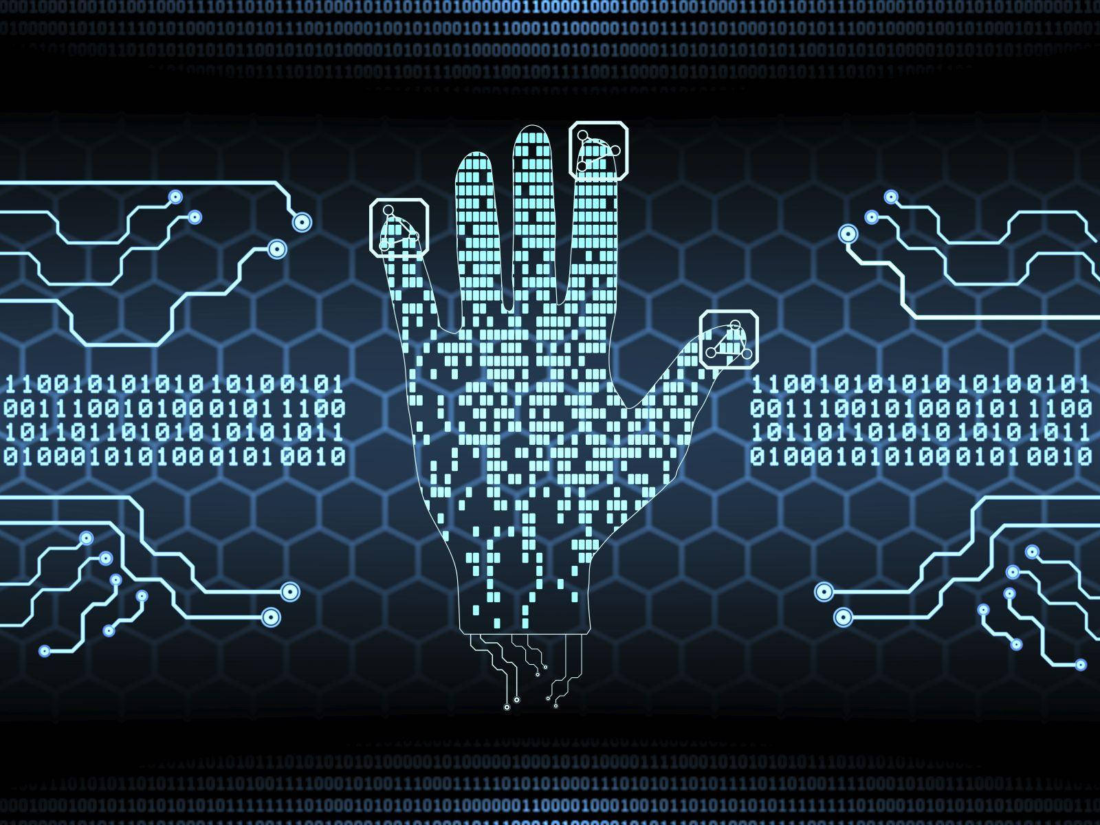 glowing blue pixelated hand, dark hexagonal circuit board, floating binary code, HD Desktop Wallpaper