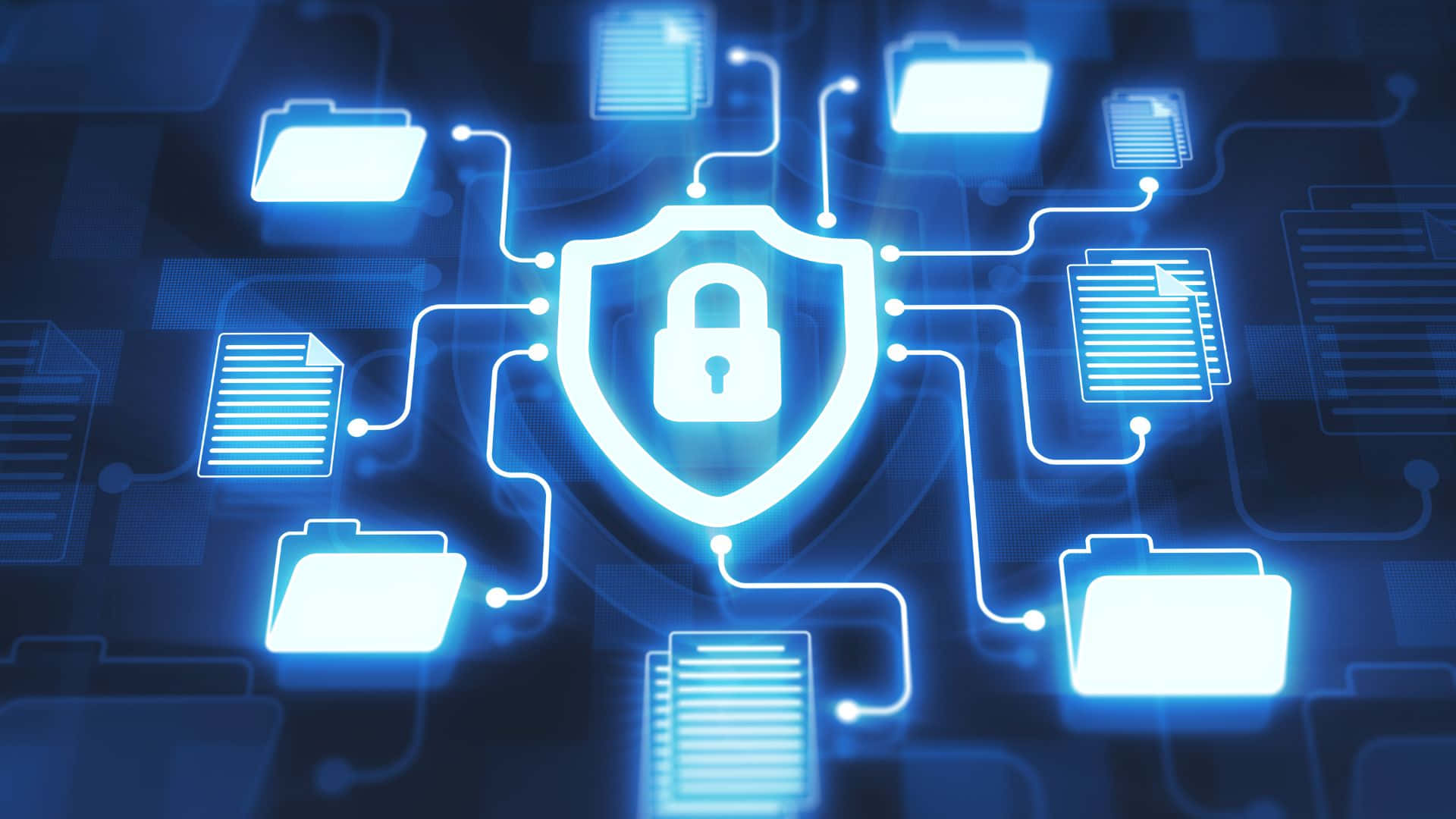 glowing blue digital shield, padlock at its center, floating file icons, Full HD Desktop Wallpaper