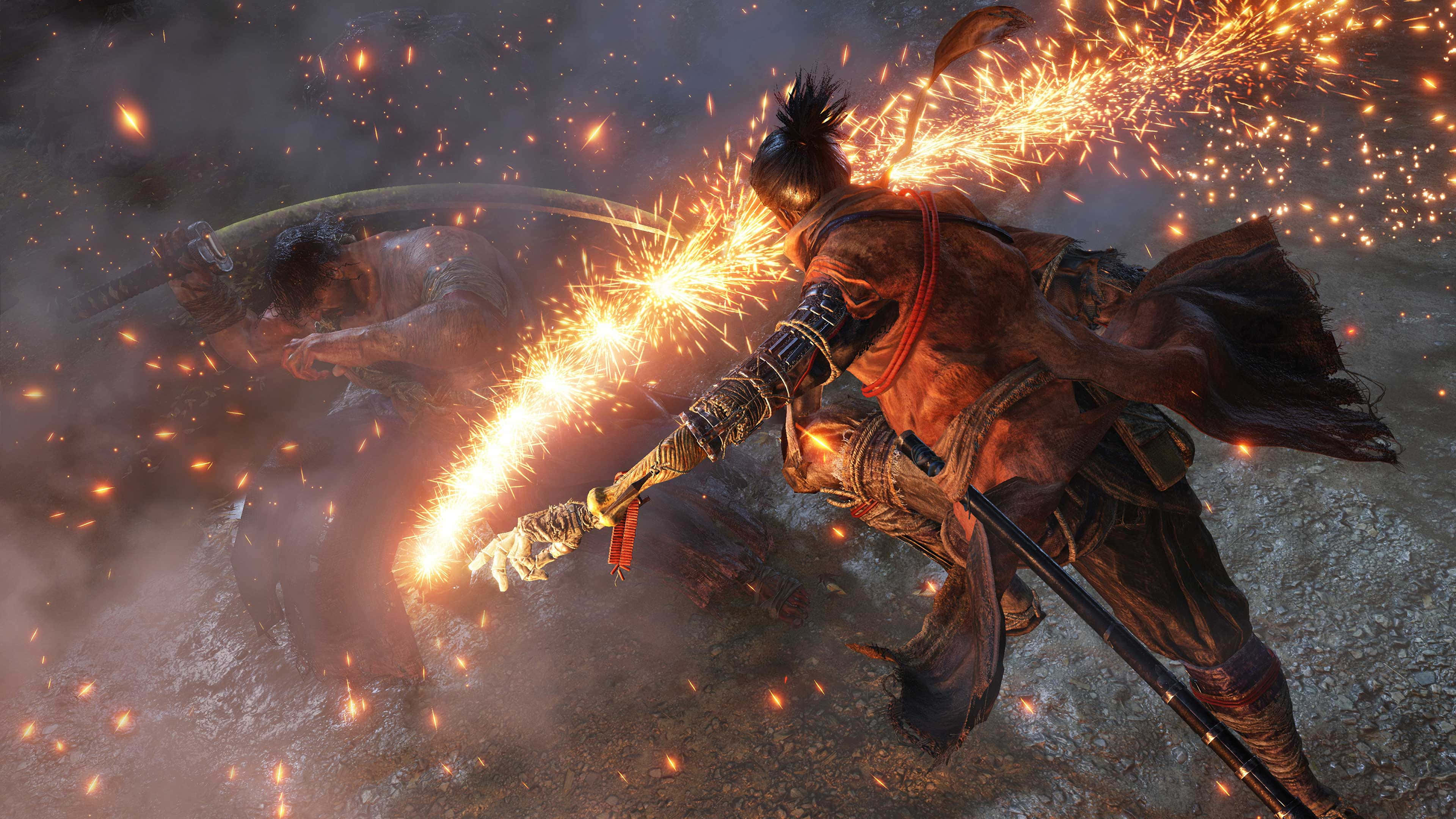 Sekiro, flaming sword, dusty battlefield, 4K Desktop Wallpaper