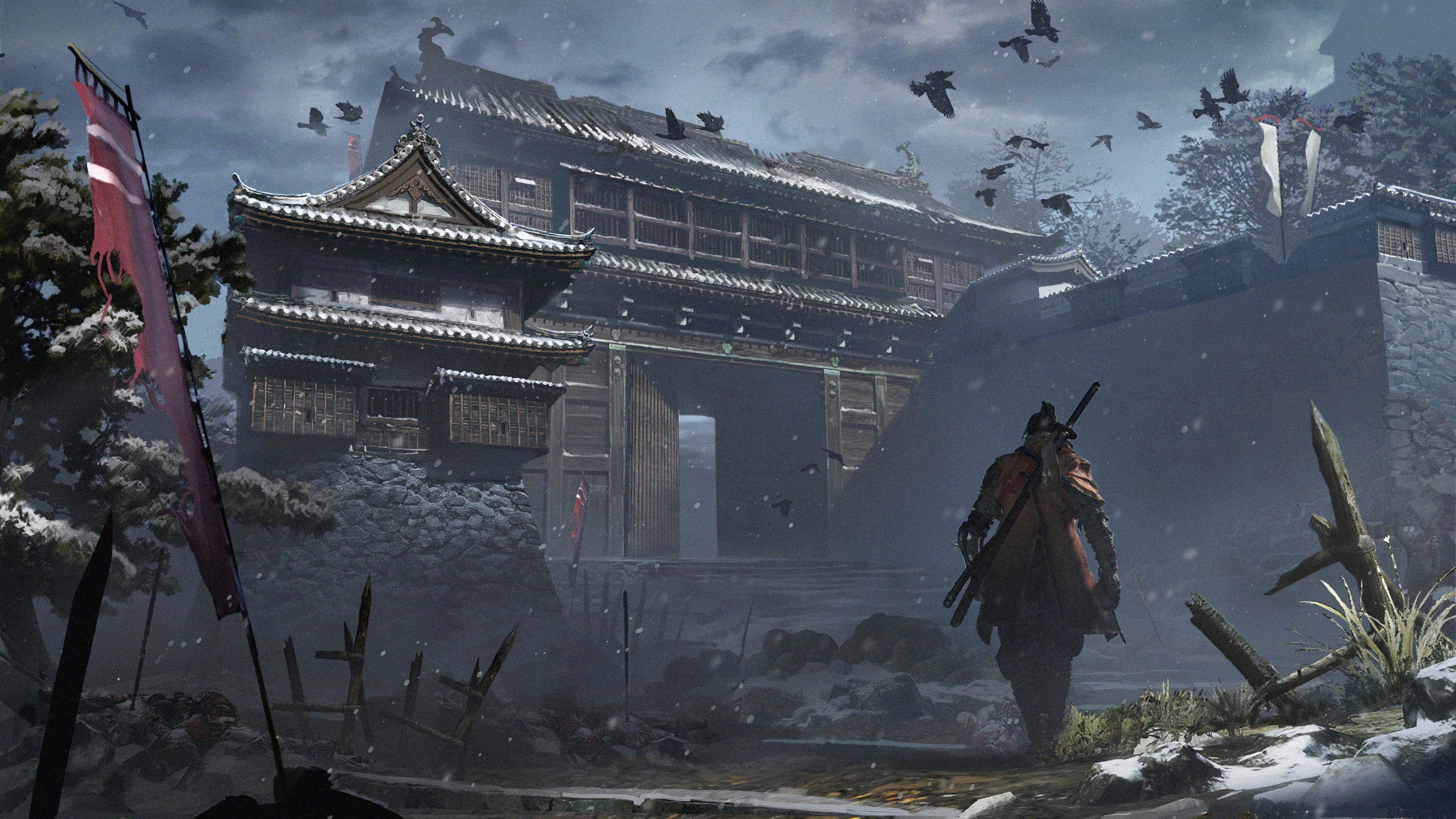 Sekiro, snowy Japanese fortress, feudal Japanese castle gate, 5K Desktop Wallpaper