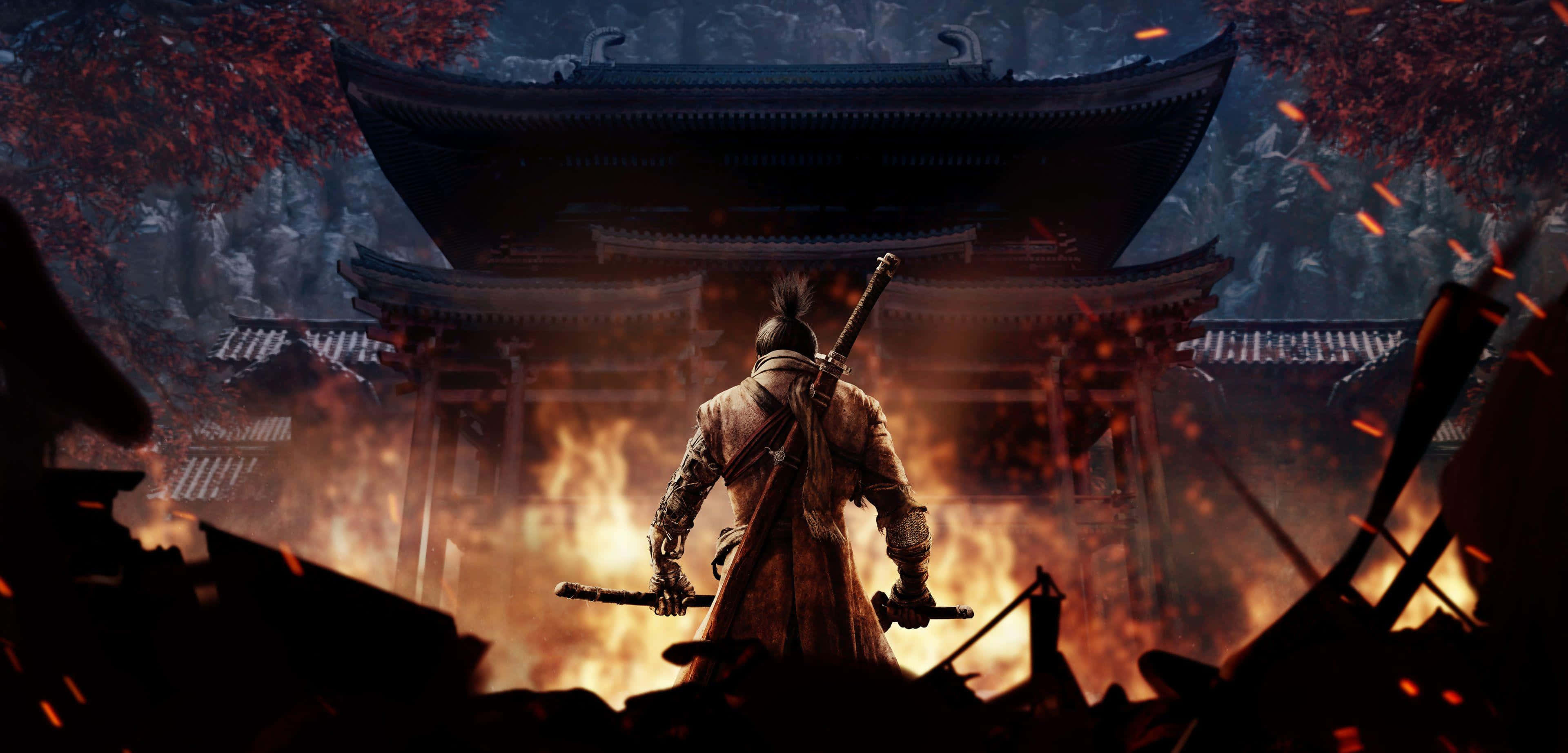 Sekiro, warrior, burning temple, 4K Desktop Wallpaper