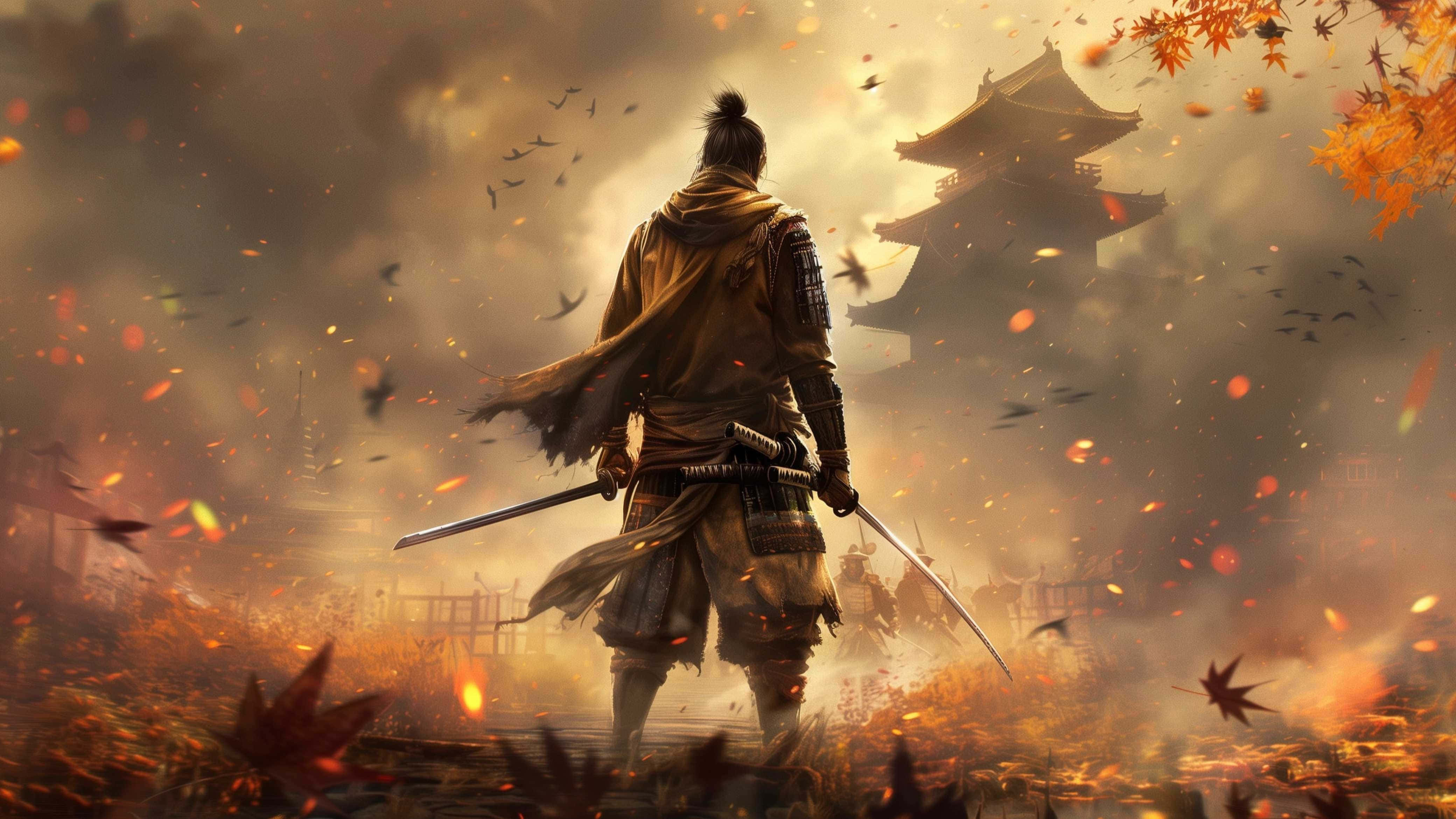 Sekiro, samurai warrior, autumn leaves, 4K Desktop Wallpaper