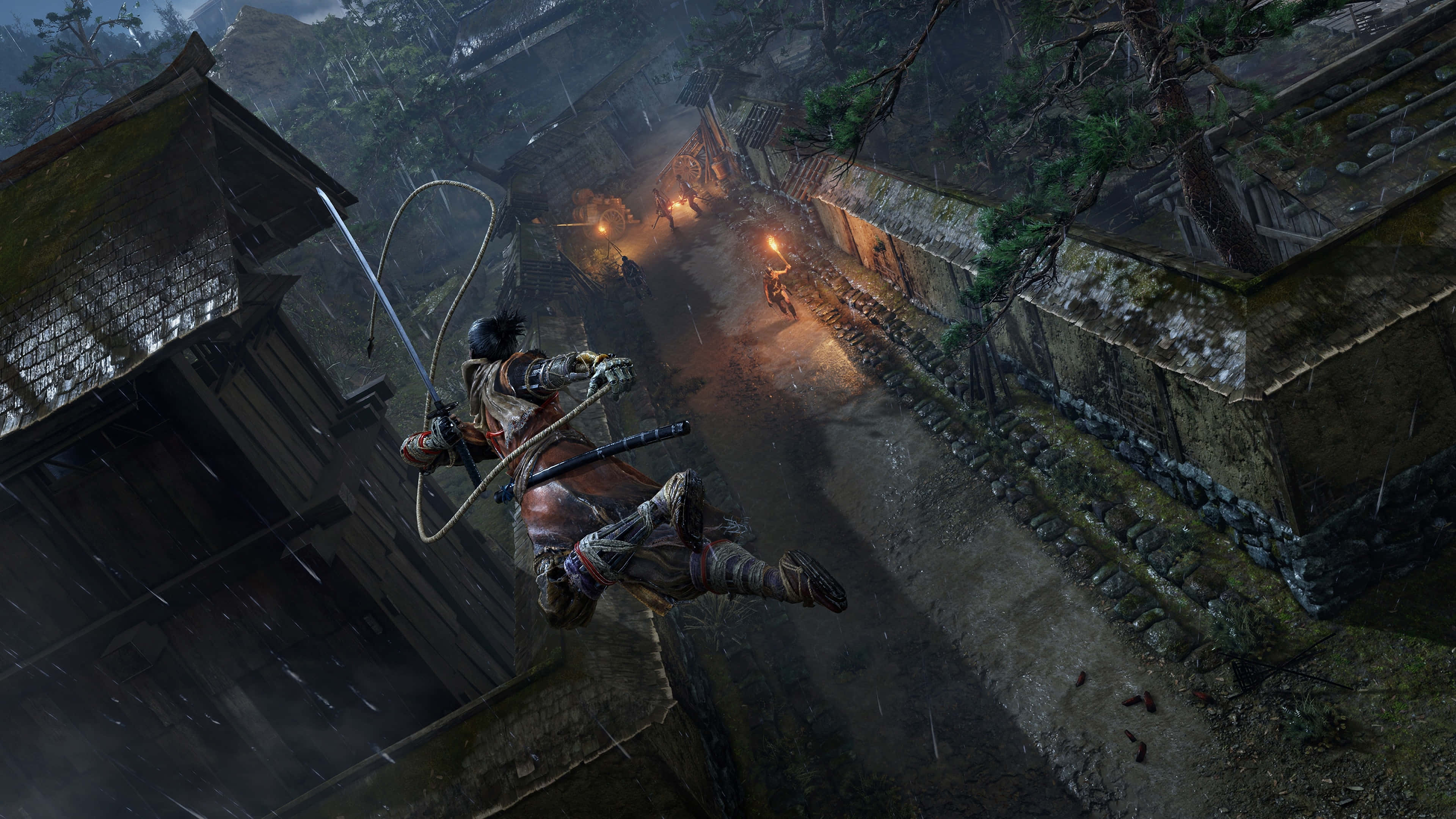 Sekiro, shinobi, rainy Japanese village alleyway, 4K Desktop Wallpaper