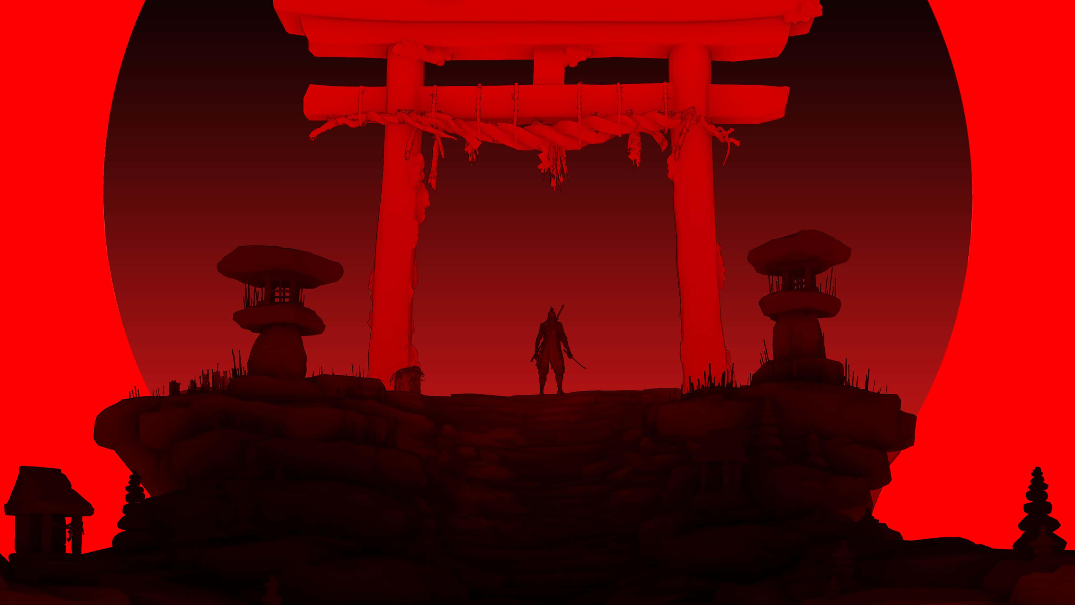 Sekiro, red silhouette, torii gate, 2K Desktop Wallpaper