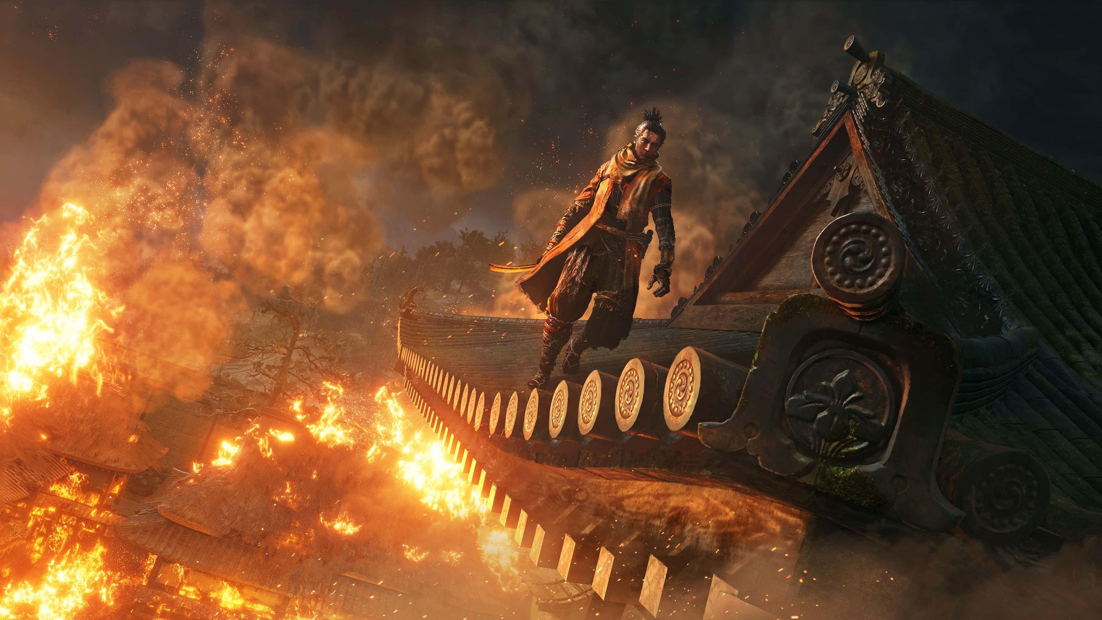 Sekiro, warrior, burning temple roof, 4K Desktop Wallpaper