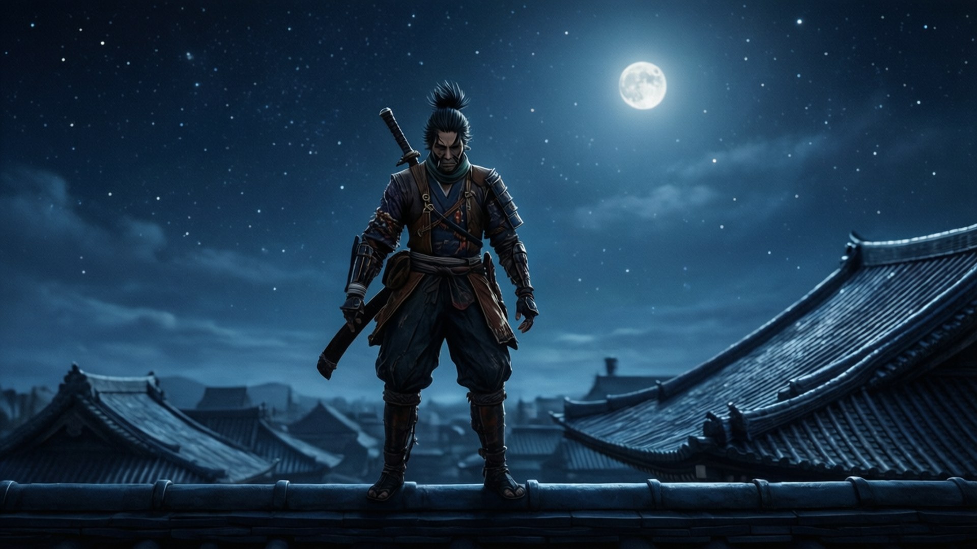 Sekiro, moon, rooftop, Full HD Desktop Wallpaper