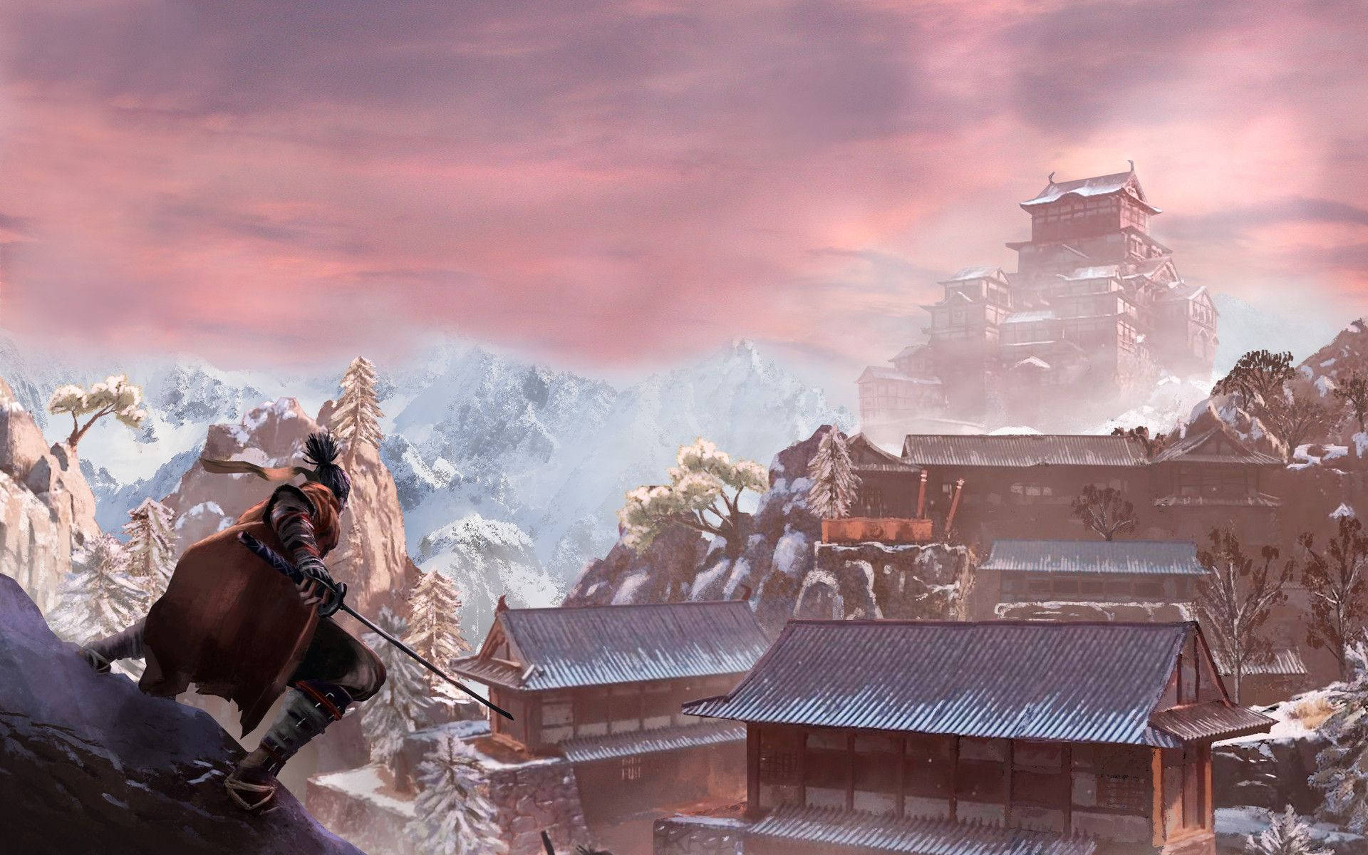 Sekiro Shadows Die Twice, village, snowy cliff, Full HD Desktop Wallpaper