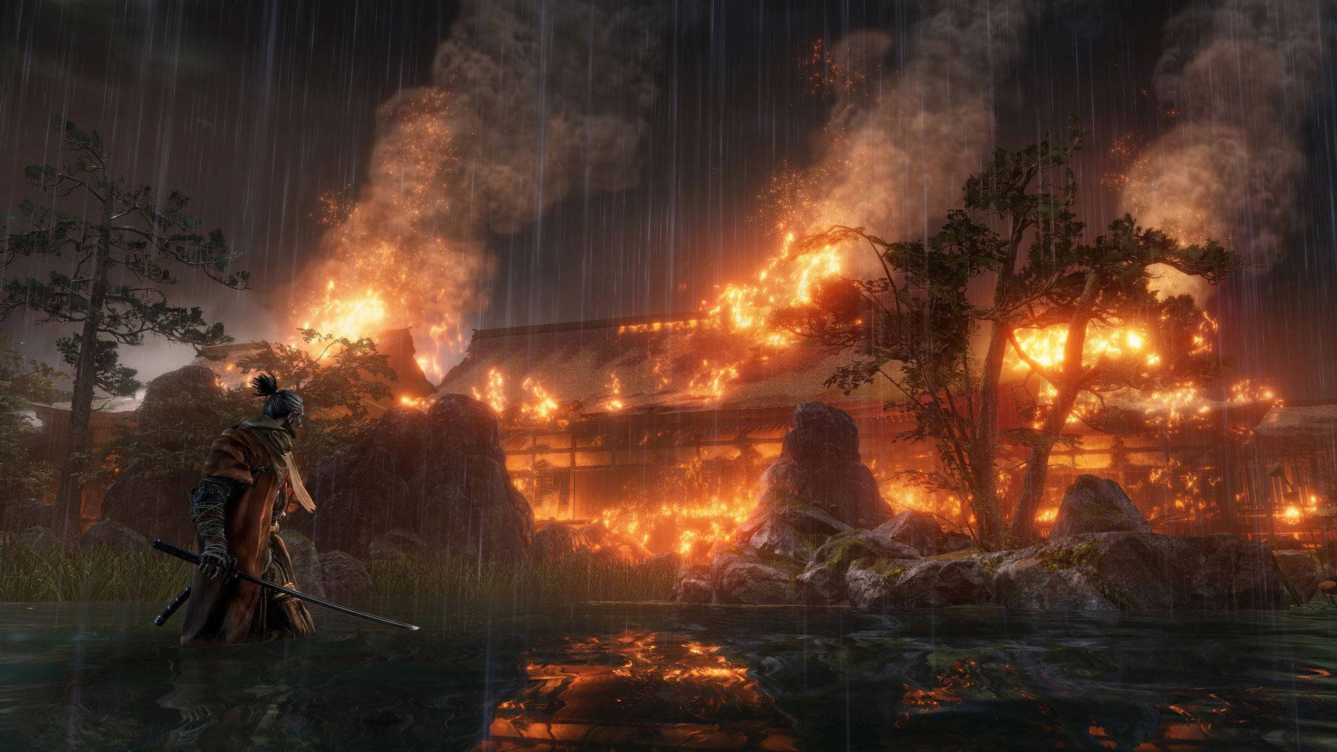 Sekiro Shadows Die Twice, village fire, lone samurai, Full HD Desktop Wallpaper