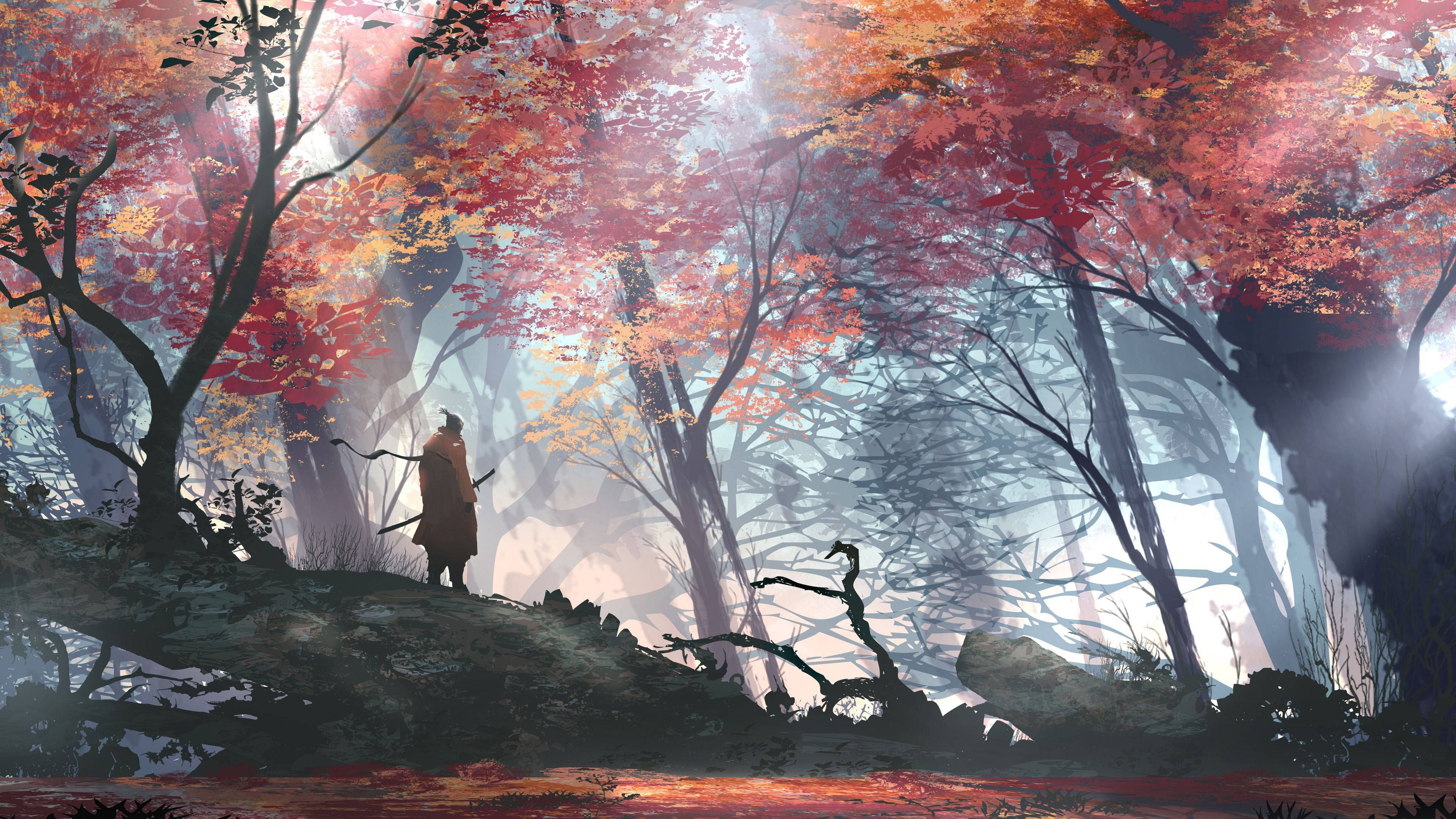 Sekiro: Shadows Die Twice, mossy ridge, fiery red and orange autumn leaves, 4K Desktop Wallpaper