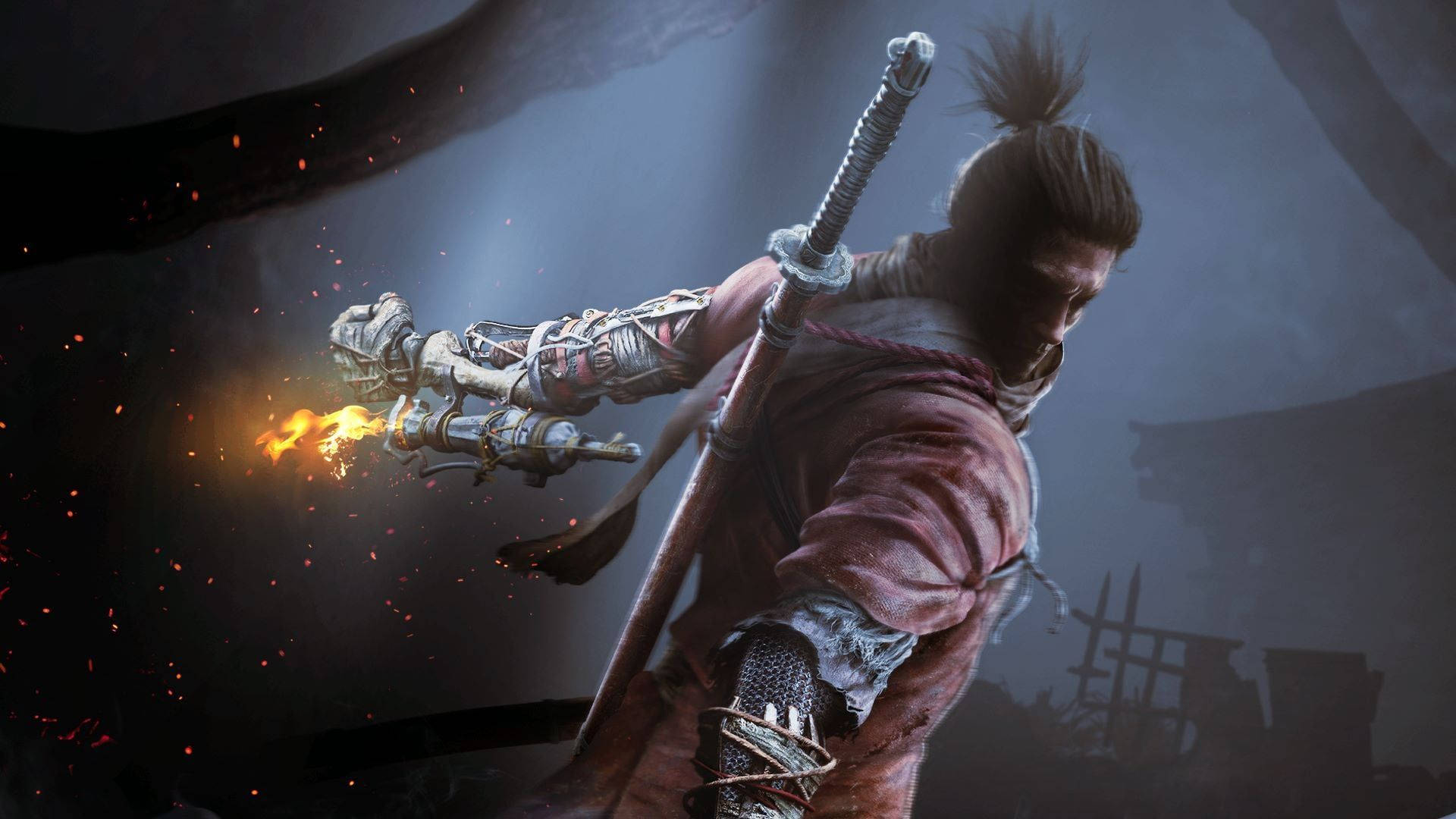 Sekiro Shadows Die Twice, flaming blade, tattered red robes, Full HD Desktop Wallpaper