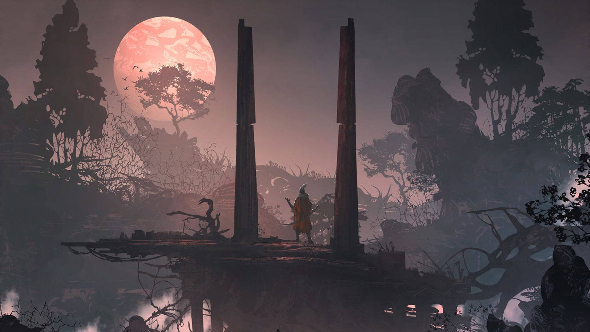 Sekiro Shadows Die Twice, red moon, ancient stone pillars, Full HD Desktop Wallpaper