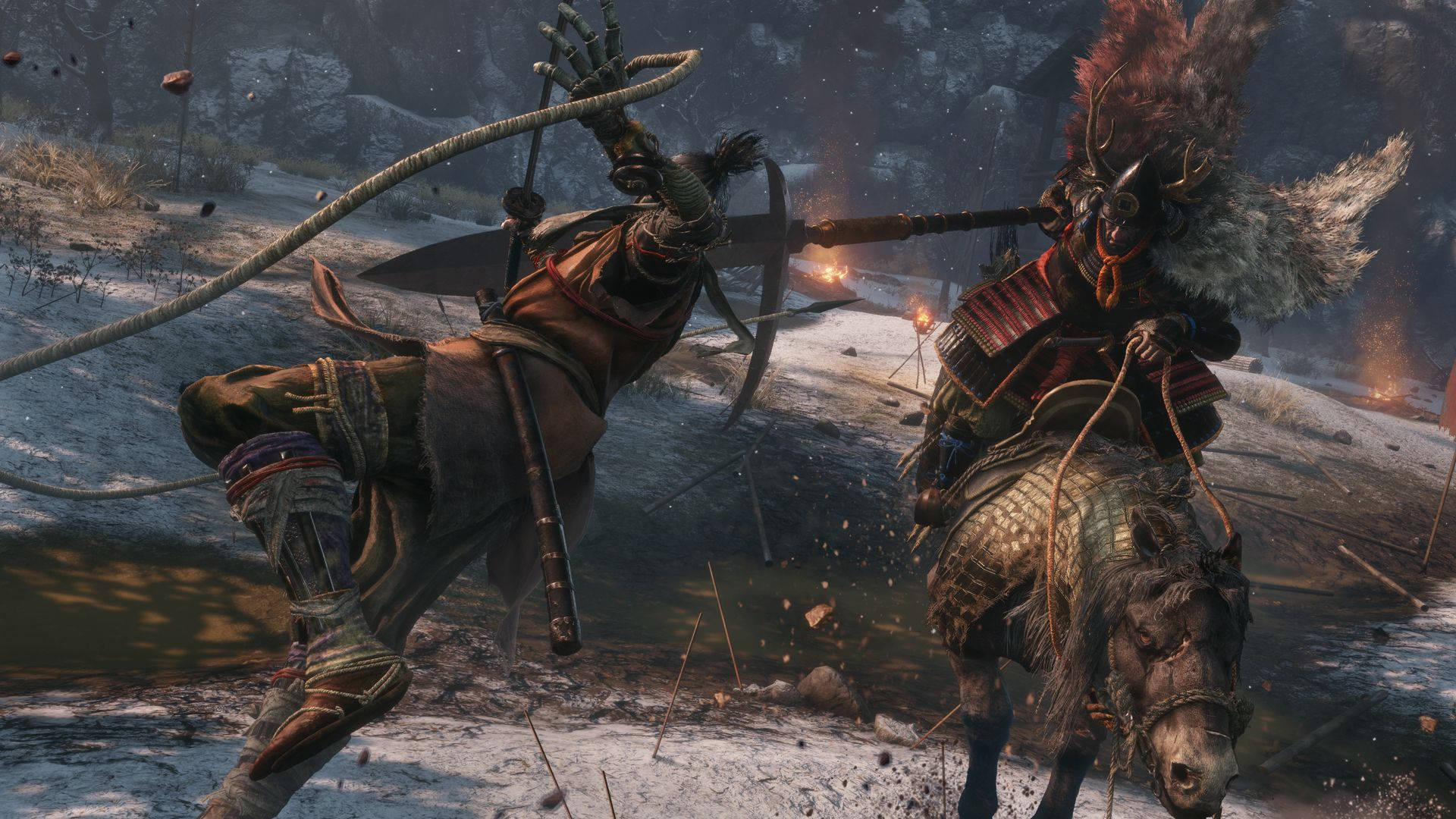 Sekiro Shadows Die Twice, rope weapon, flaming spear, Full HD Desktop Wallpaper