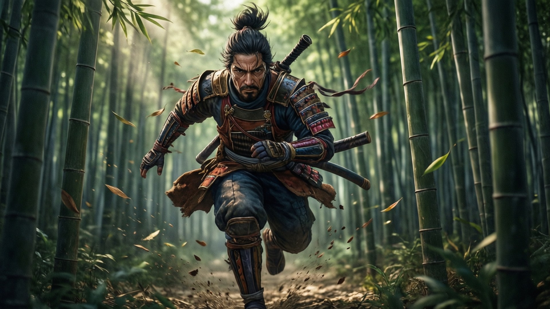 Bamboo Forest Sprint, samurai warrior, detailed armor, Full HD Desktop Wallpaper