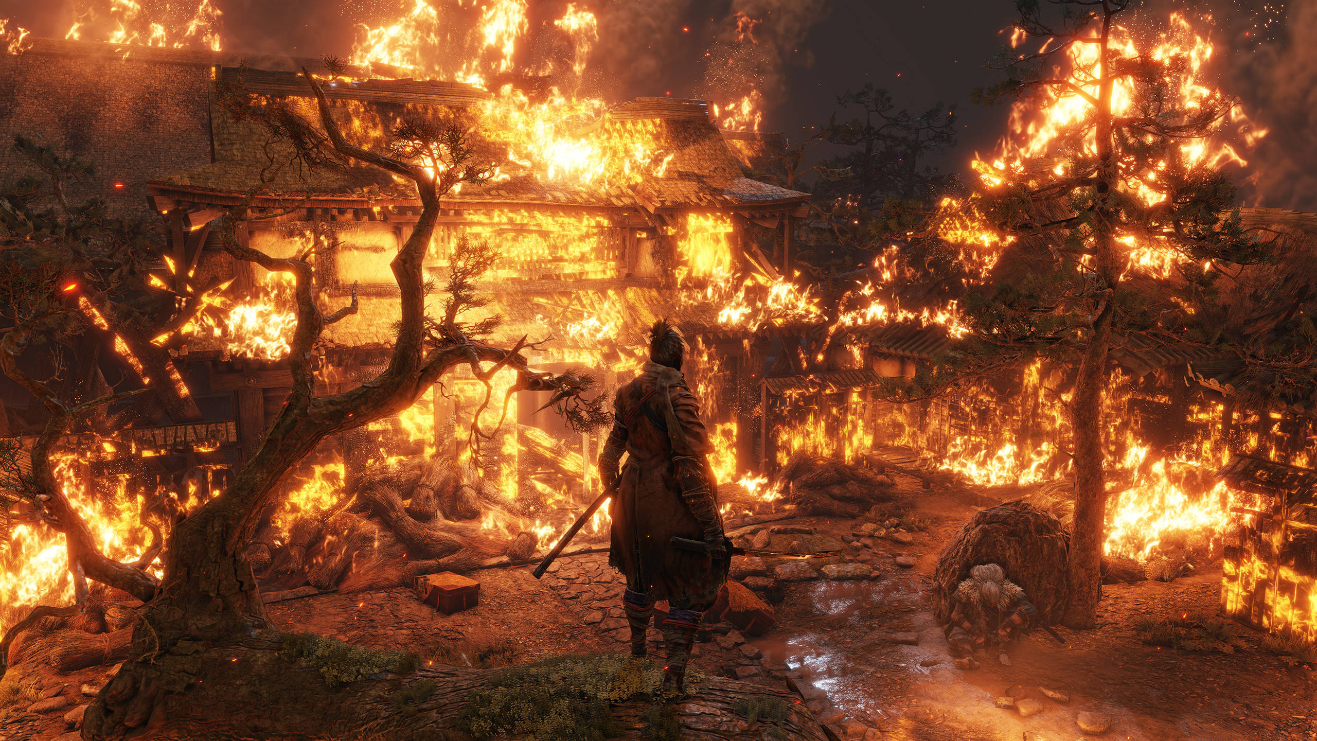 Sekiro, burning village, traditional Japanese village, 2K Desktop Wallpaper
