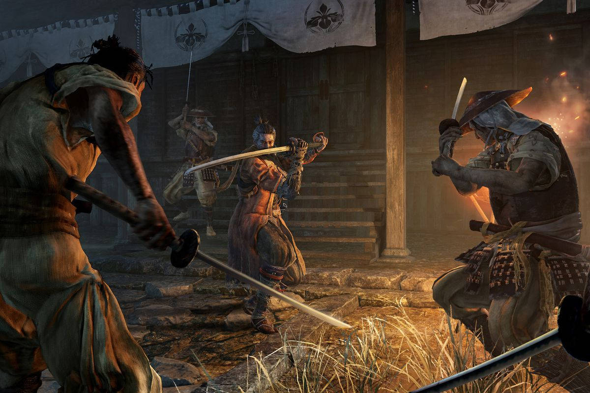 Sekiro Shadows Die Twice, nighttime courtyard, samurai warriors, SD Desktop Wallpaper