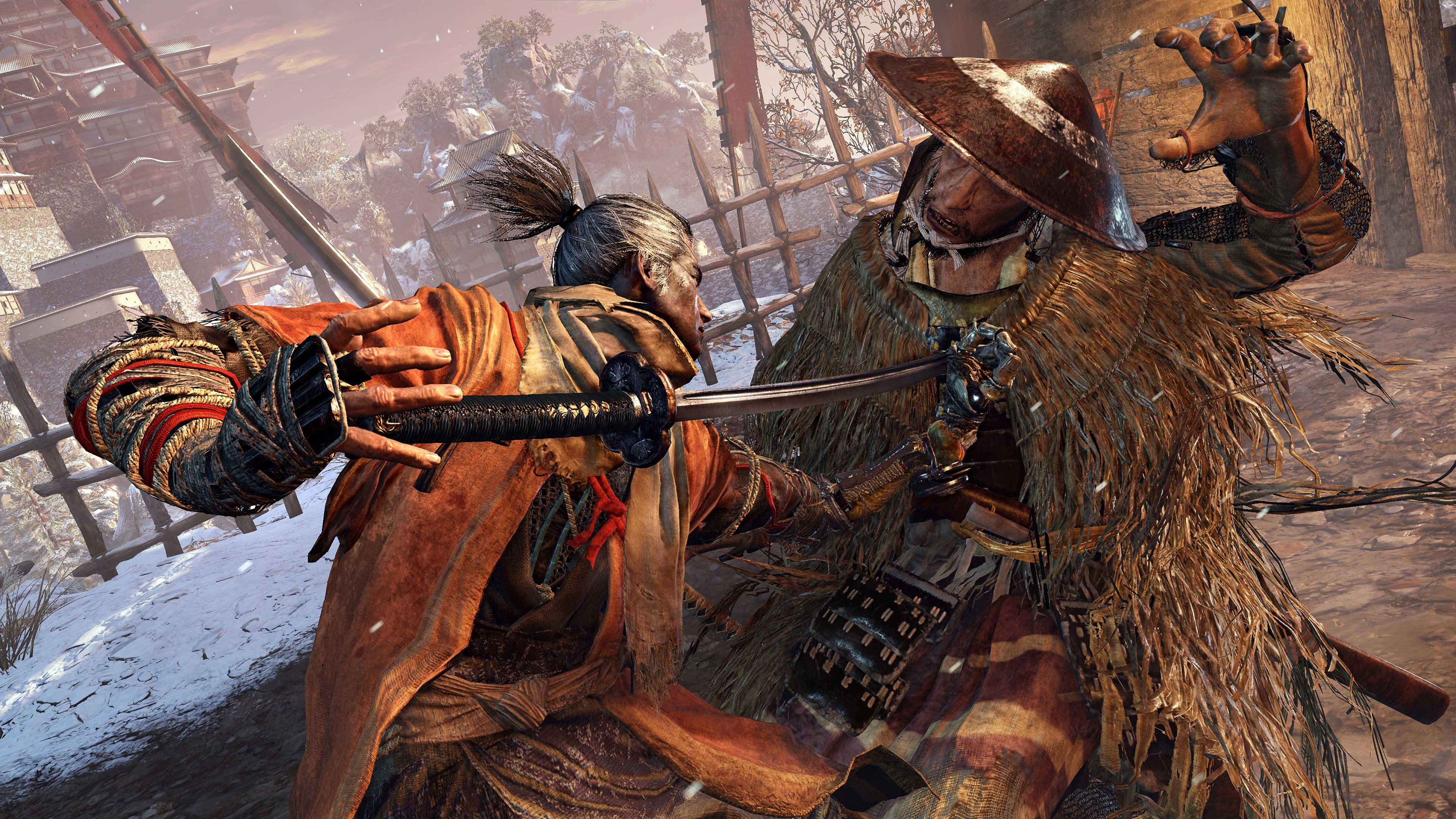 Sekiro Shadows Die Twice, samurai, snowy village, 4K Desktop Wallpaper