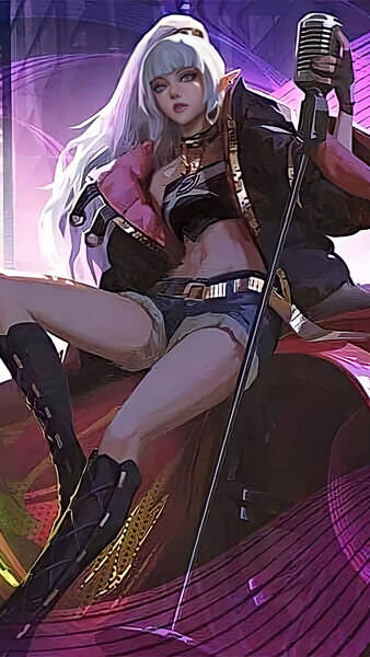 S.T.U.N. Selena Mobile Legend, silver-haired anime singer, vintage microphone, SD Phone Wallpaper