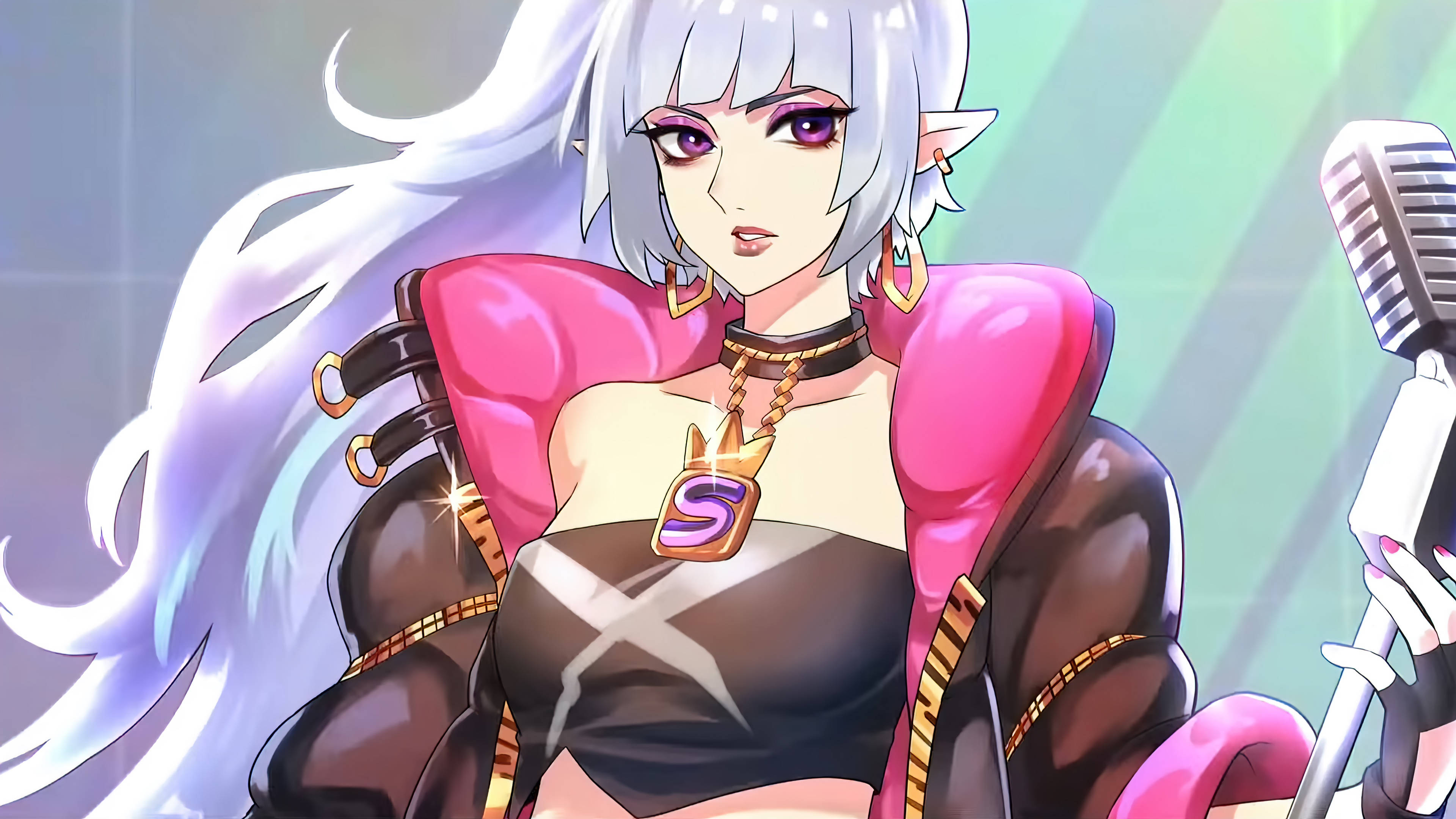S.T.U.N. Selena Mobile Legend, silver-haired anime singer, purple eyes, 4K Desktop Wallpaper