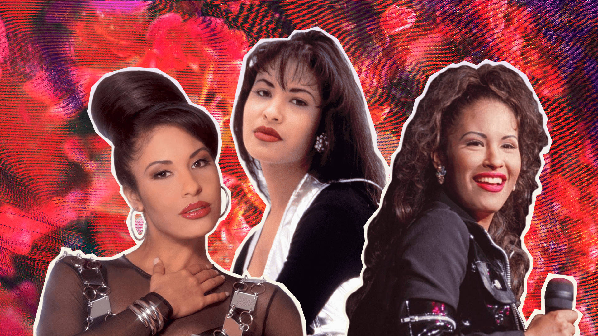 Selena Quintanilla, 1990s, vibrant red floral background, Full HD Desktop Wallpaper
