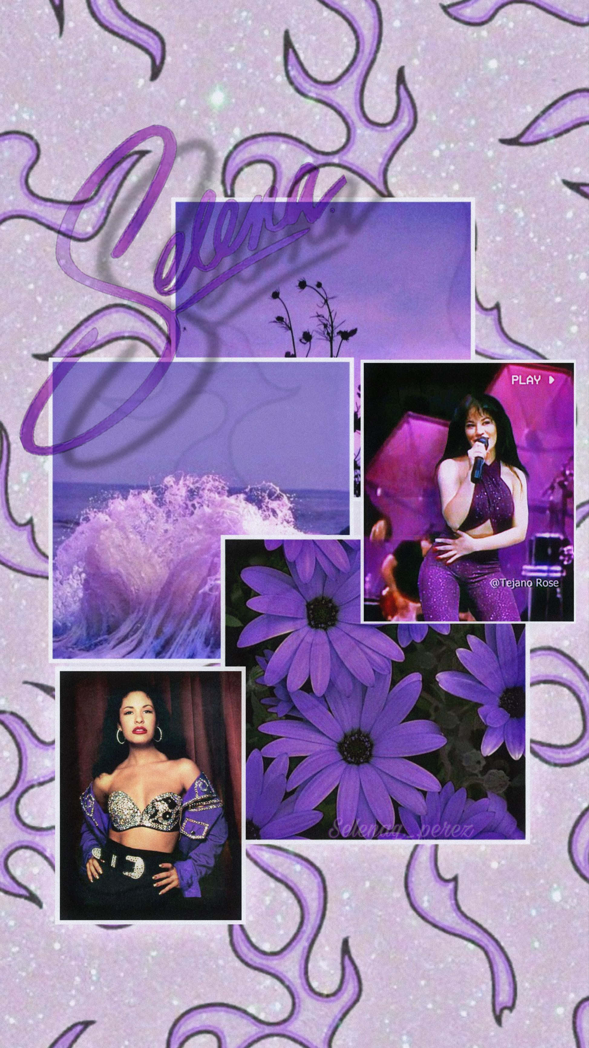 Selena Quintanilla, glittery purple, photos of Selena Quintanilla performing and posing, 2K Phone Wallpaper