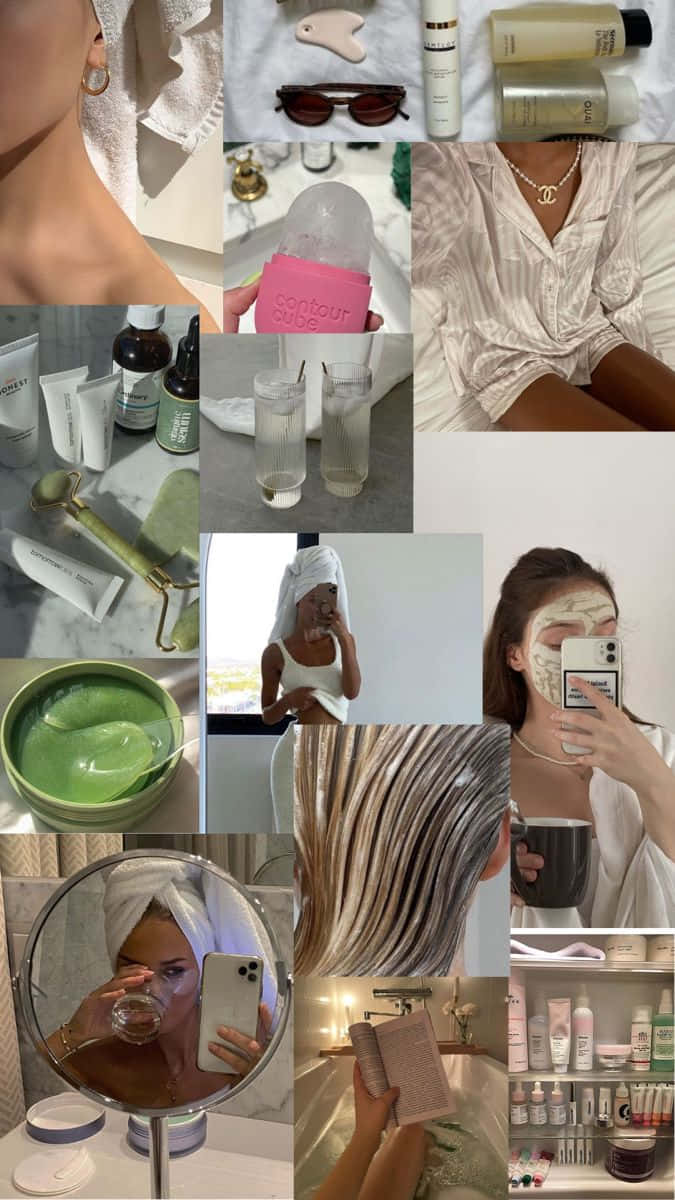 self care aesthetic collage, skincare products, towels, SD Phone Wallpaper