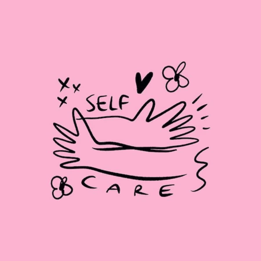 self care, black line drawing, hands holding the words self care, SD Desktop Wallpaper