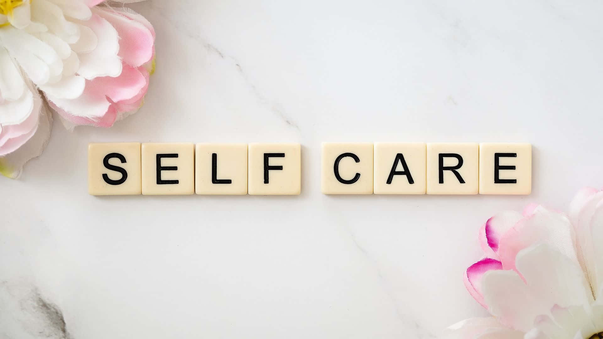 SELF CARE, cream tiles, white marble surface, Full HD Desktop Wallpaper