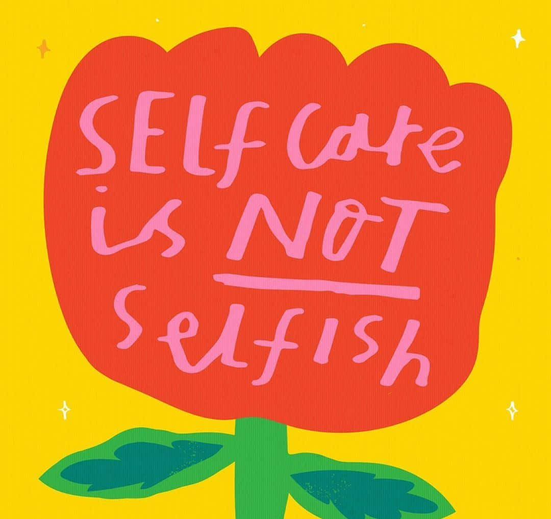 Self Care, red tulip, pink handwritten text, SD Desktop Wallpaper