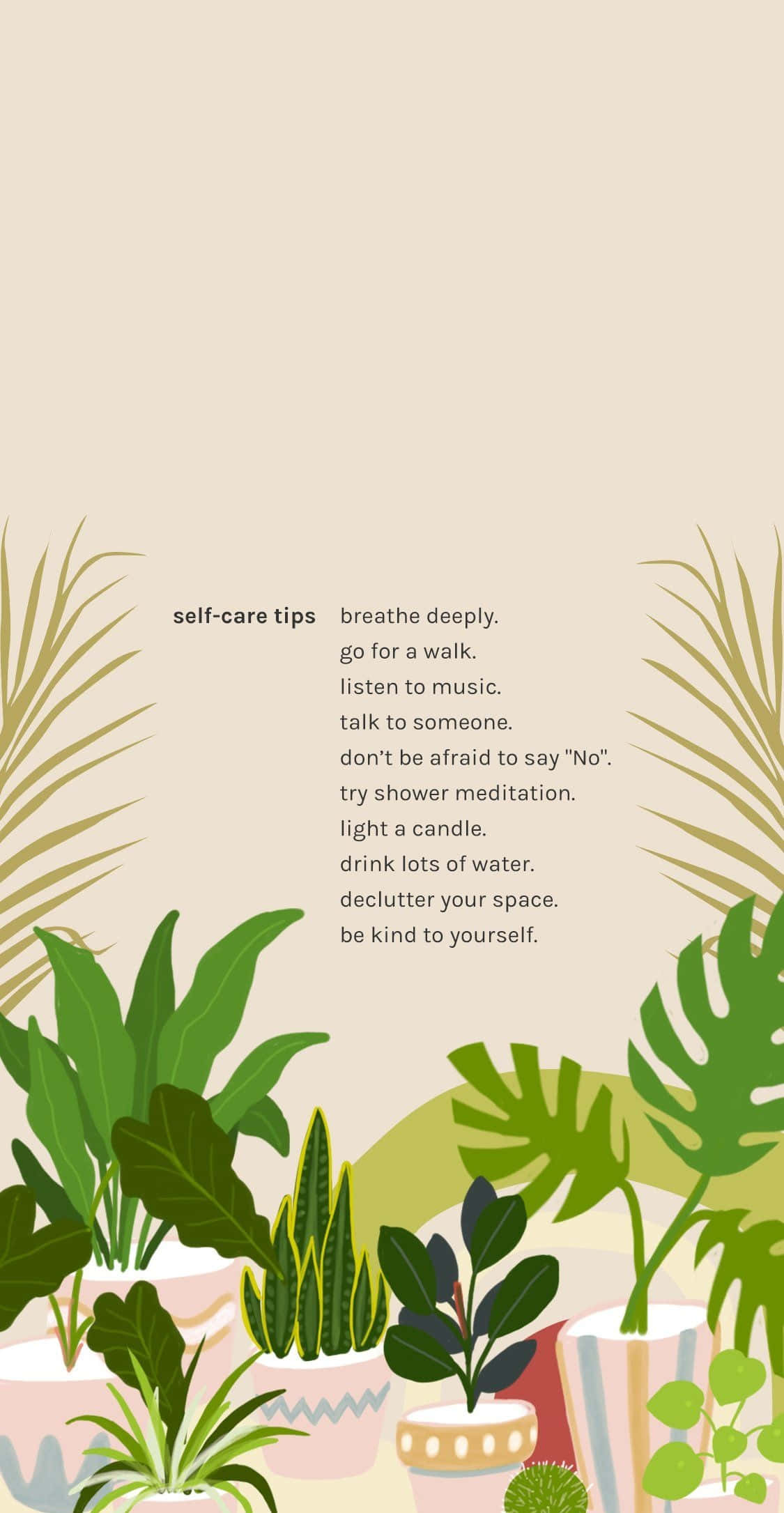 pastel-toned illustration, potted plants, self-care tips text, Full HD Phone Wallpaper