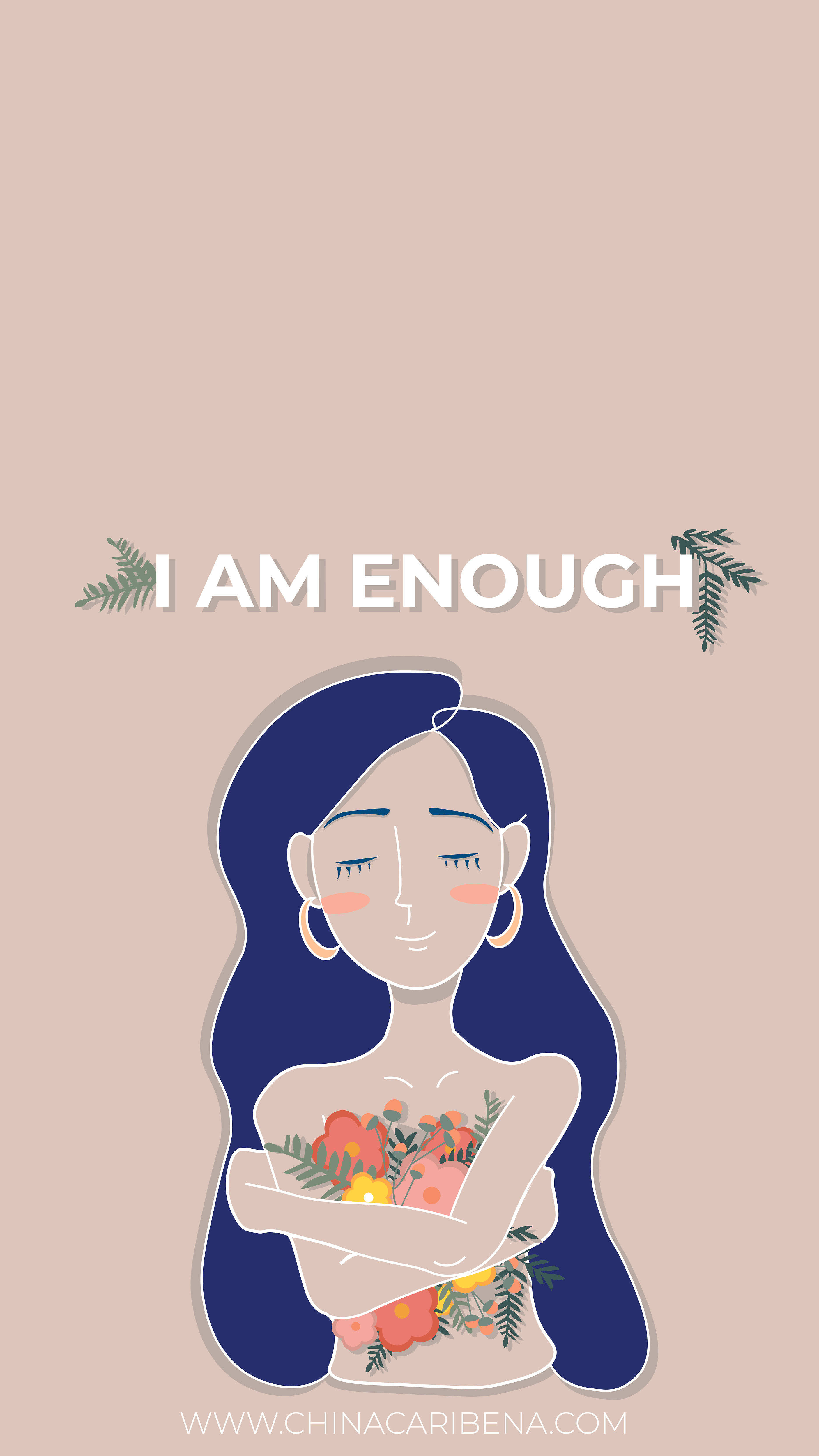 I AM ENOUGH, serene illustrated woman, dark hair, 4K Phone Wallpaper