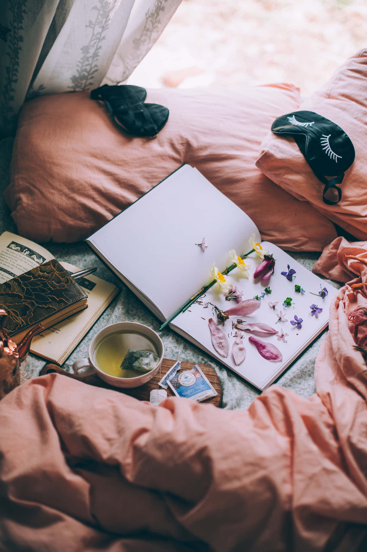 peach sheets, open book, pressed flowers, HD Phone Wallpaper