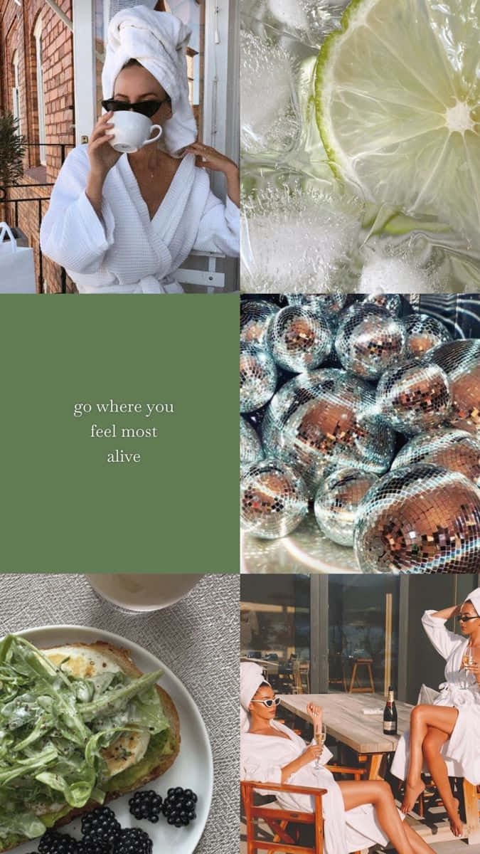 Self Care Aesthetic Collage, woman in robe, towel on head, SD Phone Wallpaper