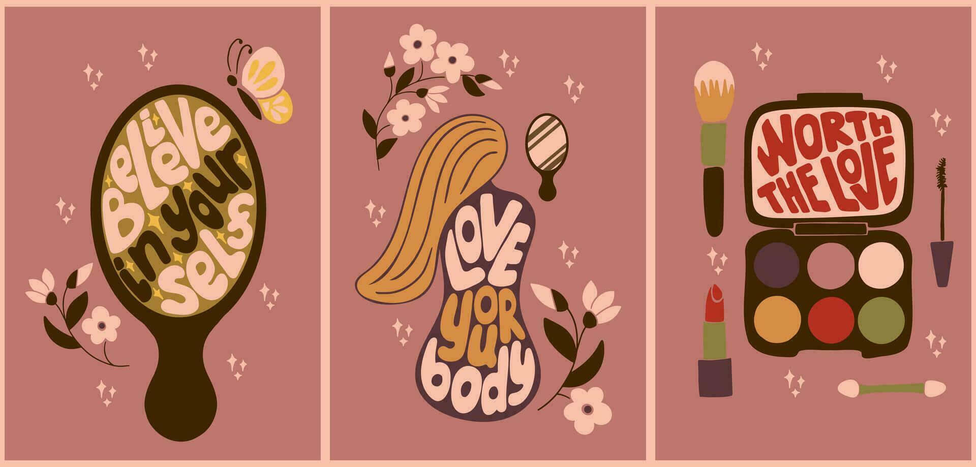 Self Love Aesthetic, pink panels, vintage-style illustrations, Full HD Desktop Wallpaper