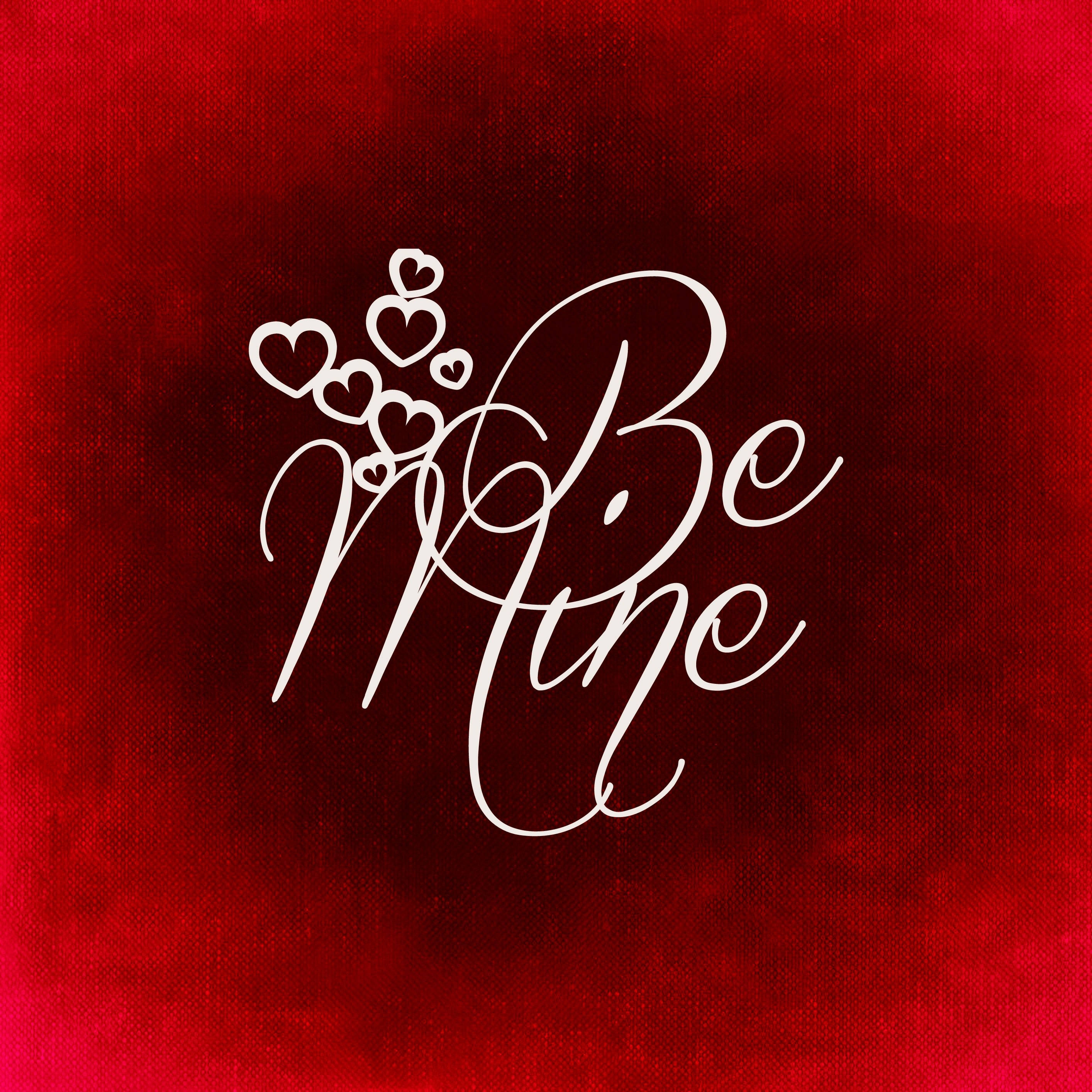 Be Mine, white cursive text, hearts, 2K Desktop Wallpaper