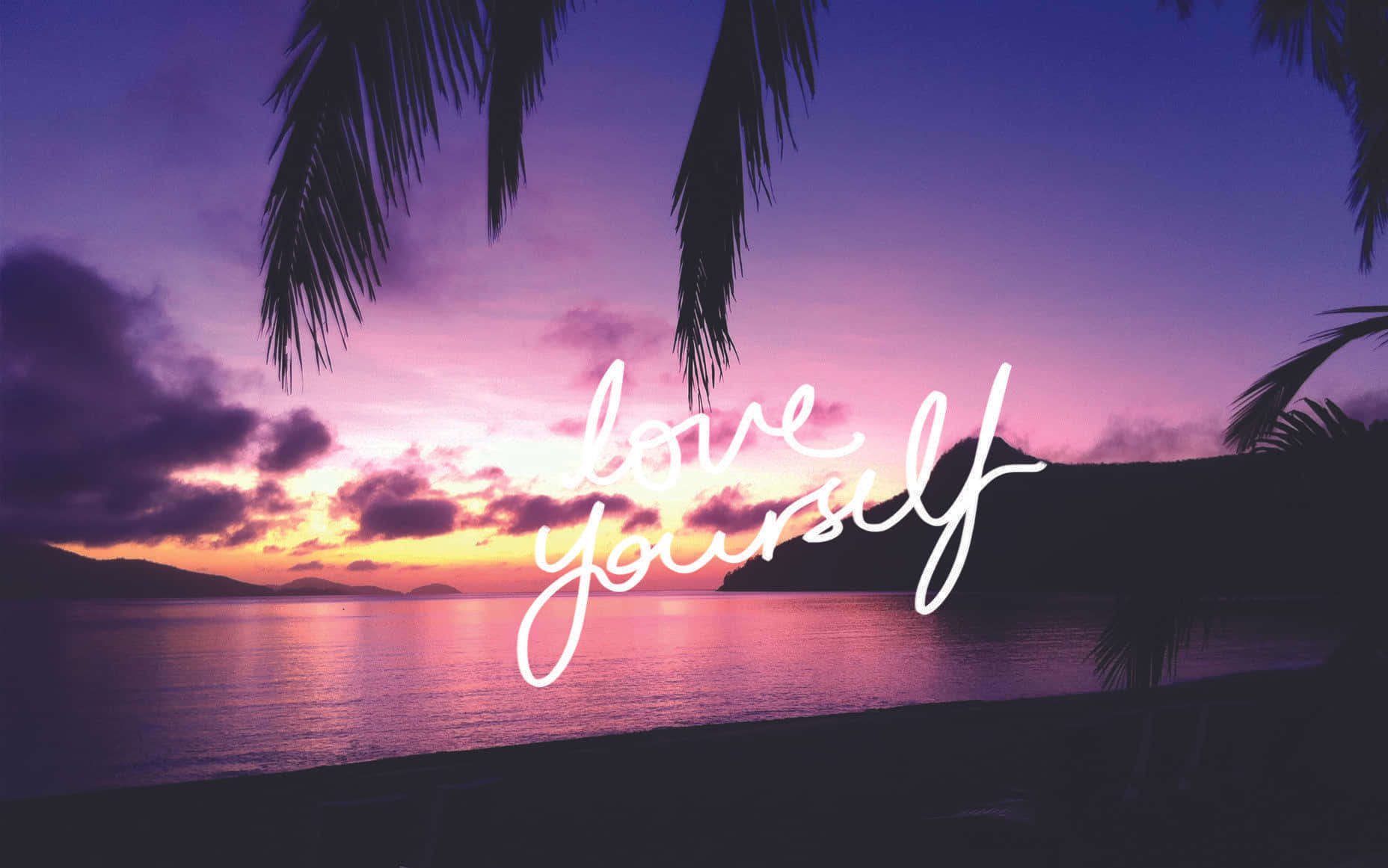 vibrant purple and orange sunset, calm water, glowing white cursive text, HD Desktop Wallpaper